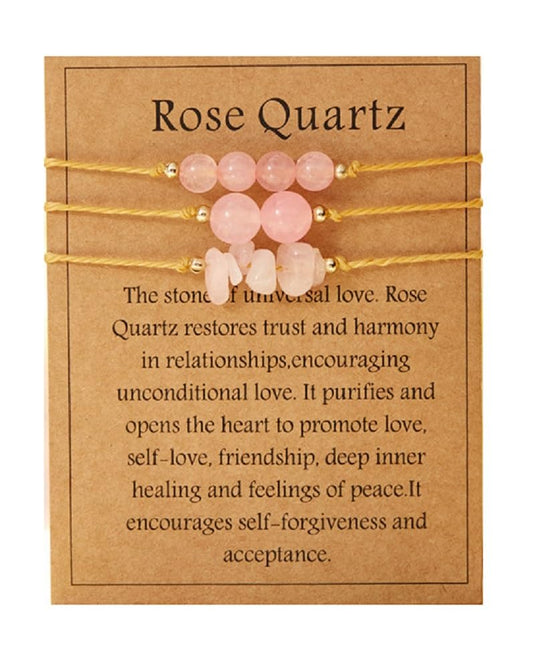 3Pcs Natural Stone Bracelet for Women Men Healing Crystal Chip Bead Bracelets Spiritual Amethyst Rose Quartz Chakra Bracelets Set Anxiety Reiki Energy Power Healing Crystals Jewelry - Rose Quartz