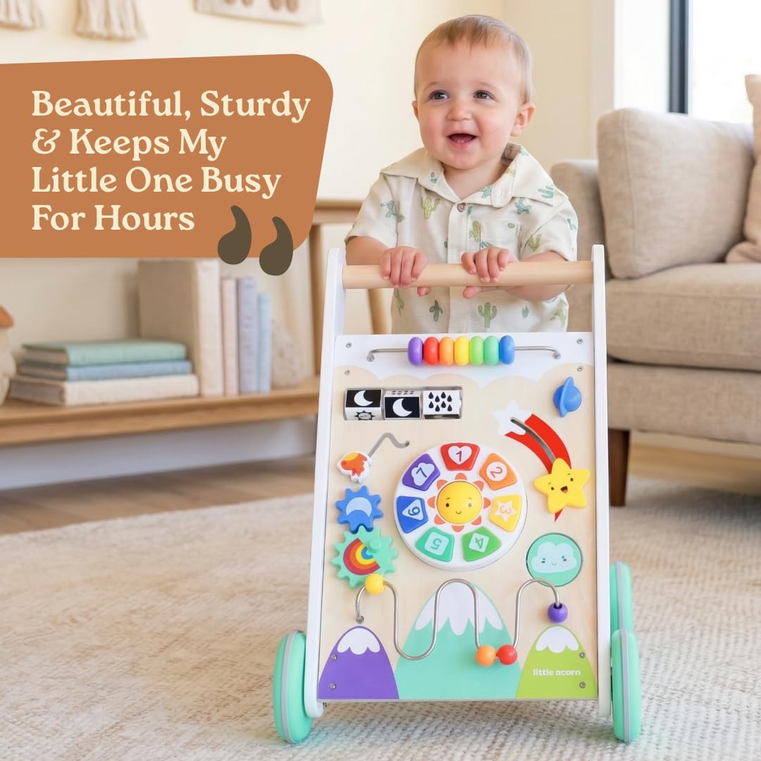 Little Acorn, Wooden Baby Walker with Music & Lights | Adjustable Speed | Sit to Stand 4-in-1 | Montessori Push Walker | Ages 6–18 Months | Gift for 1 Year Old Boys & Girls