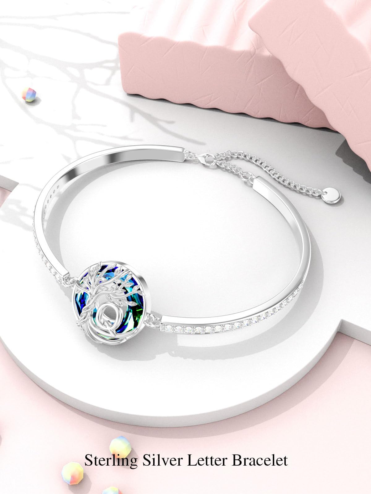 TOUPOP Tree of Life Bracelet Sterling Silver Initial Q Letter Bangle Bracelet Family Tree Blue Crystal Jewelry Mothers Day Birthday Gifts for Women Mom Wife