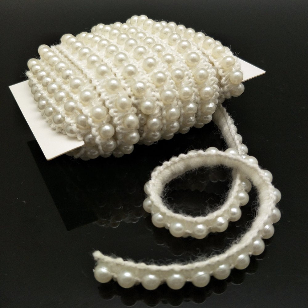 FQTANJU 5 Yards Faux Pearls Lace Ribbon Applique Pearl Fringe for Wedding Party Decoration, Home Deco, Lamp Shade, Costume, Lvory.