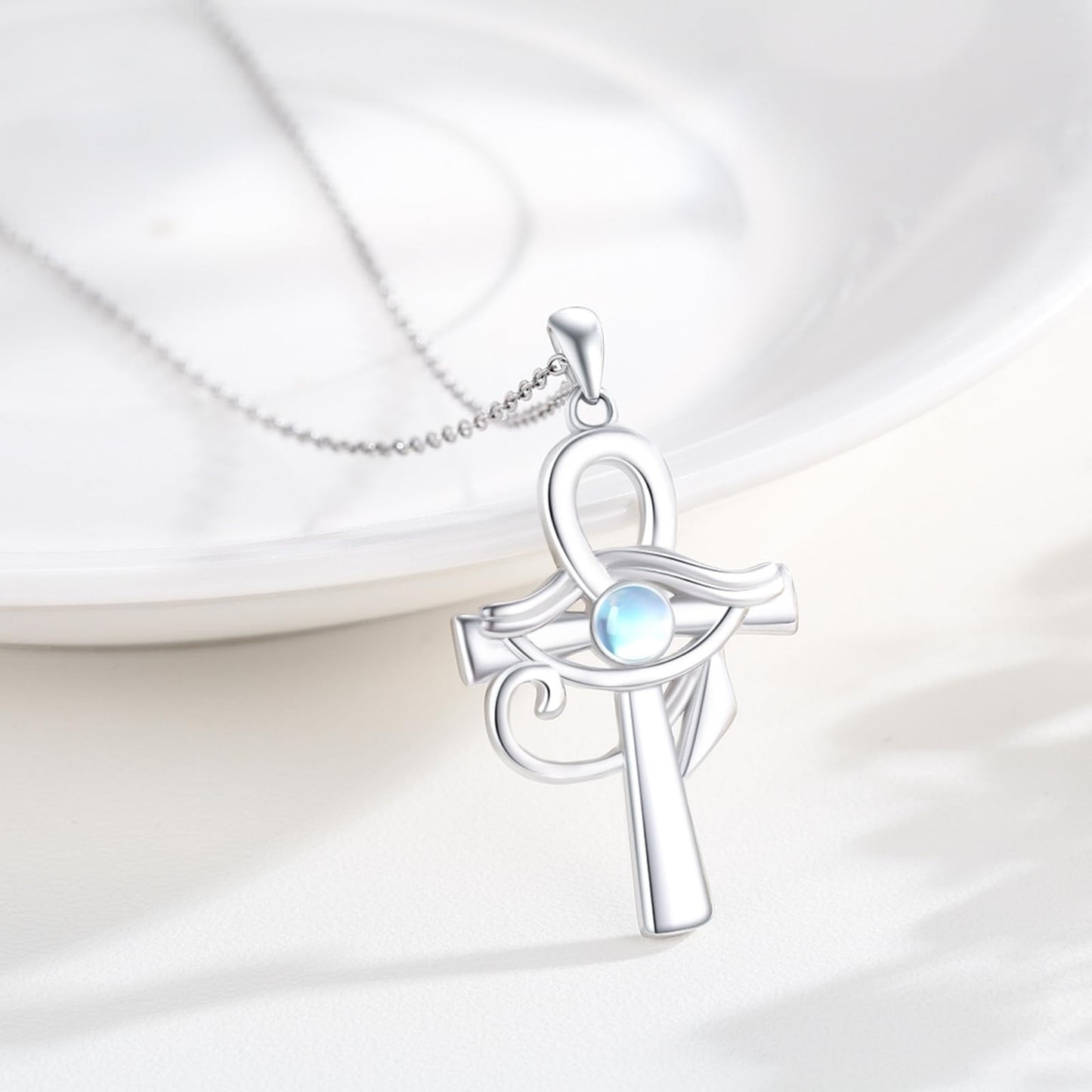 Eye of Horus Necklace S925 Sterling Silver Ankh Cross Necklace with Moonstone Egyptian Eye of Horus Protection Cross Jewelry Gifts for Women Birthday Christmas