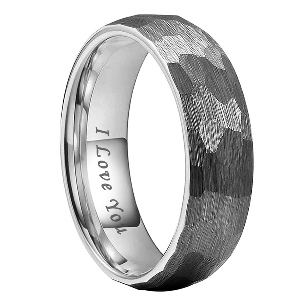 TUTISS 6mm Hammered Tungsten Carbide Rings for Men Women Engagement Wedding Bands Domed I Love You Engraved Comfort Fit Size 8
