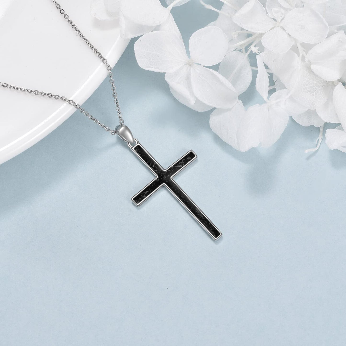 YFN Cross Necklace Sterling Silver Black Tourmaline Cross Pendant Religious Jewelry Gifts for Women Men