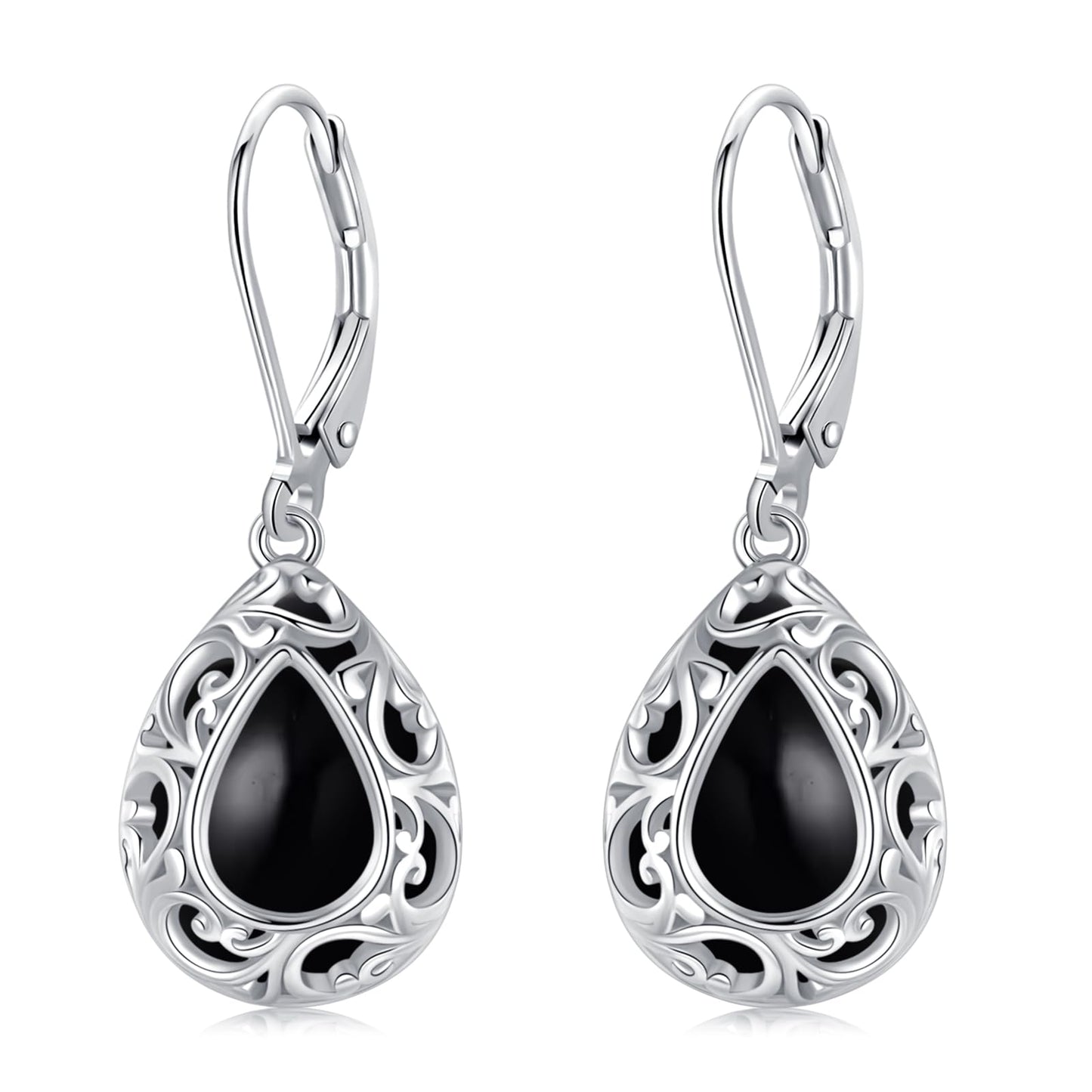 KoyeKei Filigree Black Onyx Leverback Earrings for Women 925 Sterling Silver Black Onyx Teardrop Dangle Drop Earrings Jewelry Filigree Anniversary Graduation Gifts for Sister Daugther Her