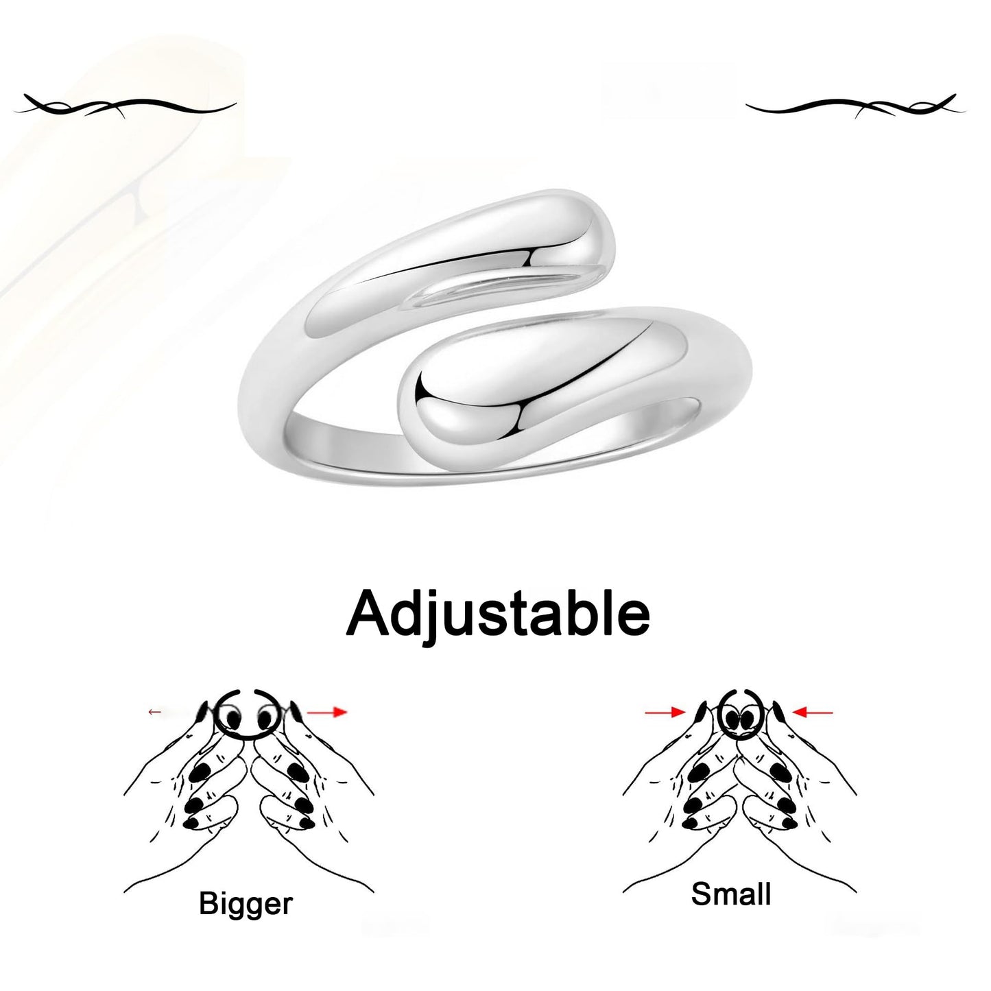 AIETUE Chunky Rings For Women, Gold Silver Thumb Ring Asymmetrical Wavy Curve Ring Adjustable Non Tarnish Dainty Stainless Steel New Year Anniversary Birthday Jewelry Gift (Teardrop Silver)