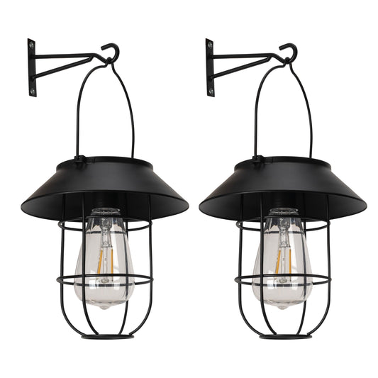 Livinlarge Solar Lanterns Outdoor Waterproof,Hanging Solar Lights for Outside with Wall Hooks Windproof Hook,Retro Metal Outdoor Lanterns Auto On/Off for Porch,Patio,Garden,Yard Decor 2 Pack（Black）