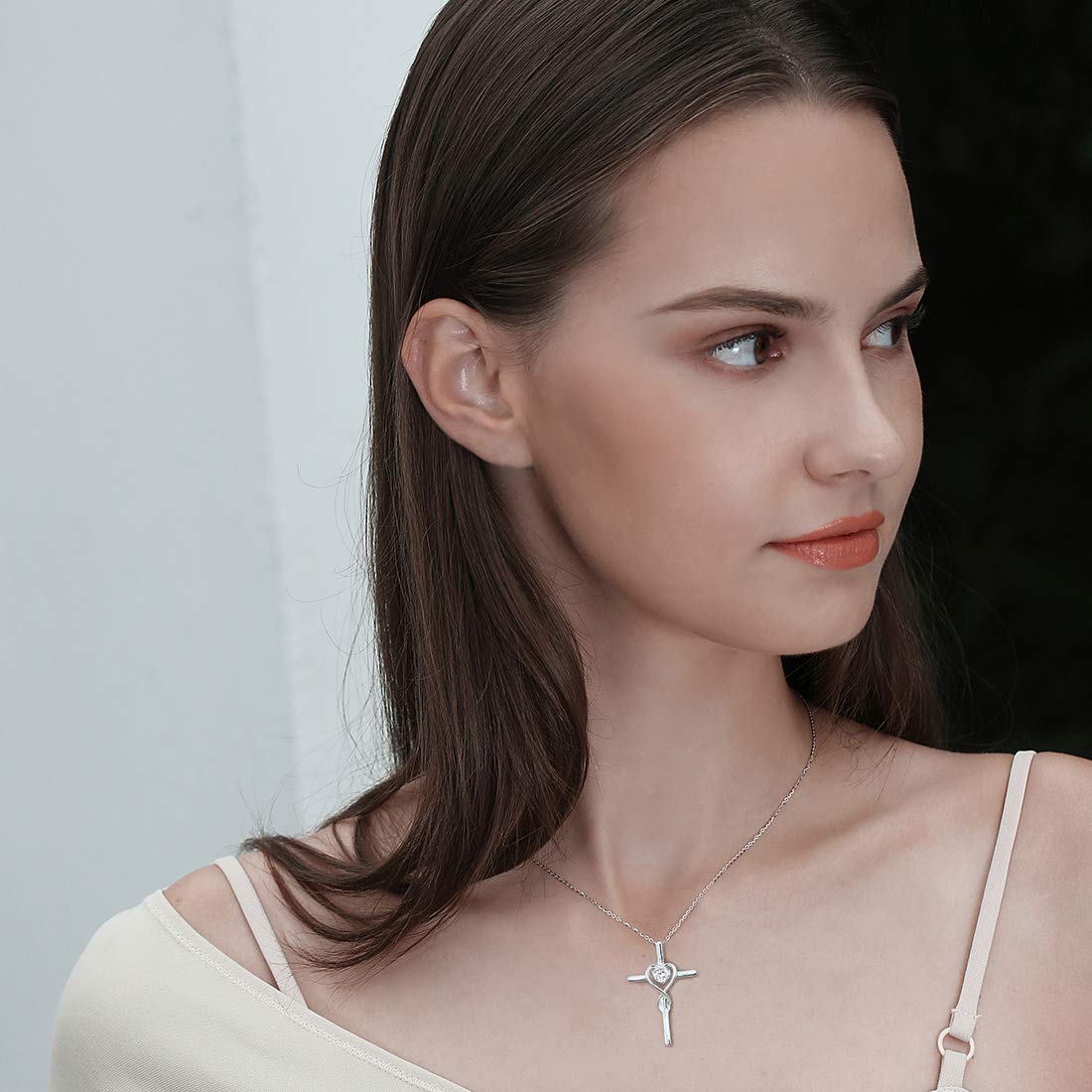 FANCIME Cross Necklace For Women Sterling Silver Birthstone Necklace Simulated Diamond Infinity Heart Cross Pendant April Birthstone Jewelry Gifts for Women