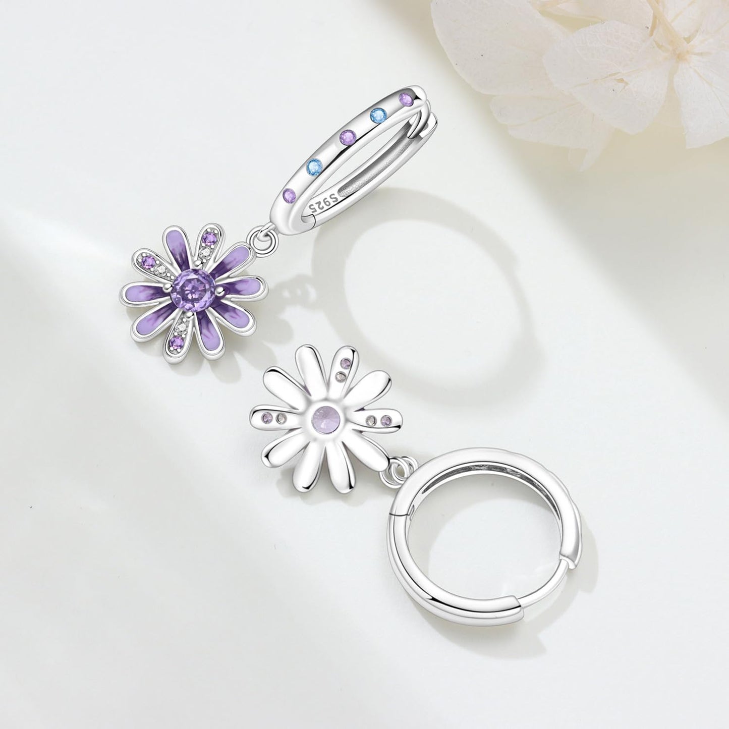 vireau 925 Sterling Silver Drop Earrings Dragonfly Flower Moon Star Dangle Earrings Hypoallergenic Sterling Silver Earrings Jewelry for Women (Purple Daisy)