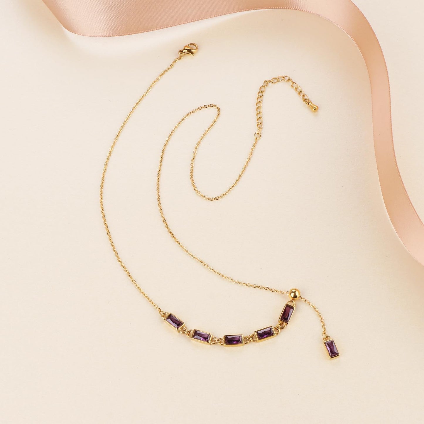 TaYolnFaSo Amethyst Y Shaped Necklace 18K Gold Plated Emerald Cut Purple CZ Y Lariat Necklace Amethyst Jewelry Christmas Gift for Women