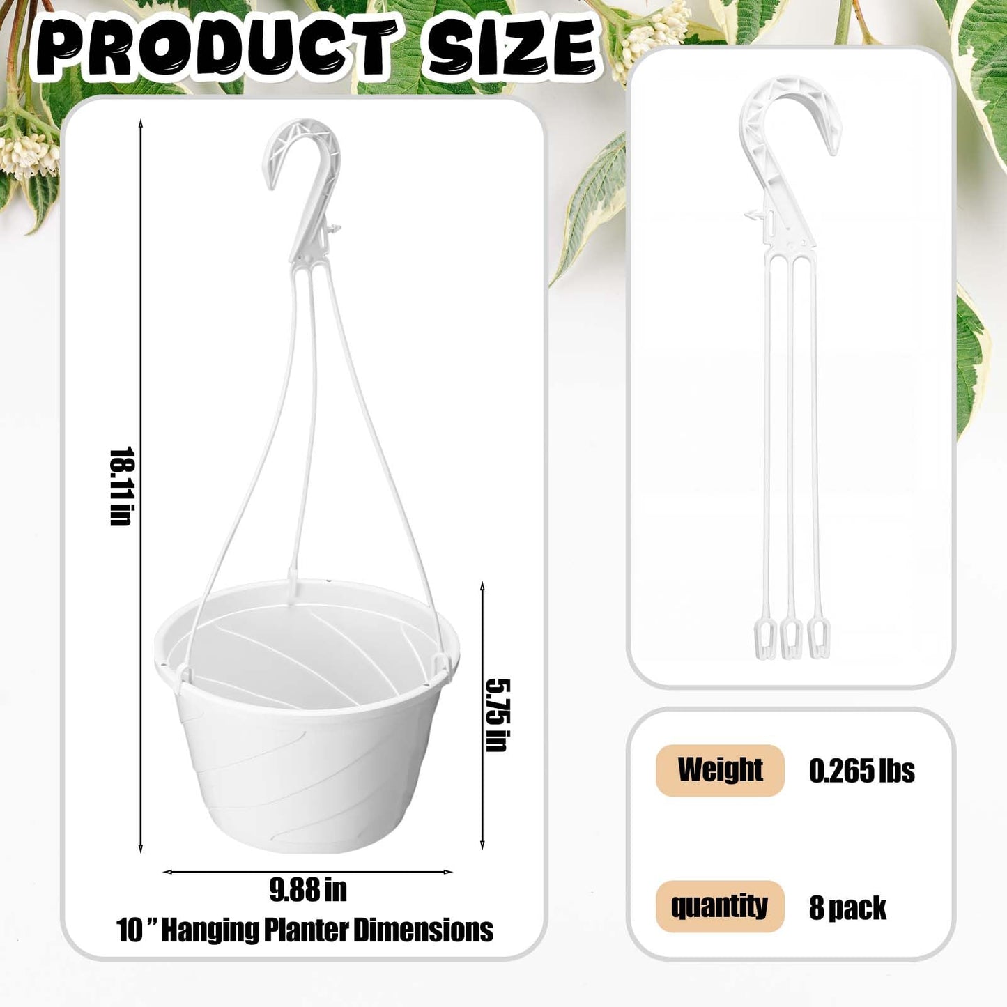 Romooa 8 Pcs 10 Inch Modern Euro Swirl Hanging Planter Uv-Resistant Plastic Hanging Basket Smart Drainage Lightweight Indoor Outdoor Flower Pots for Garden Porch Balcony Patio Home Decor (White)