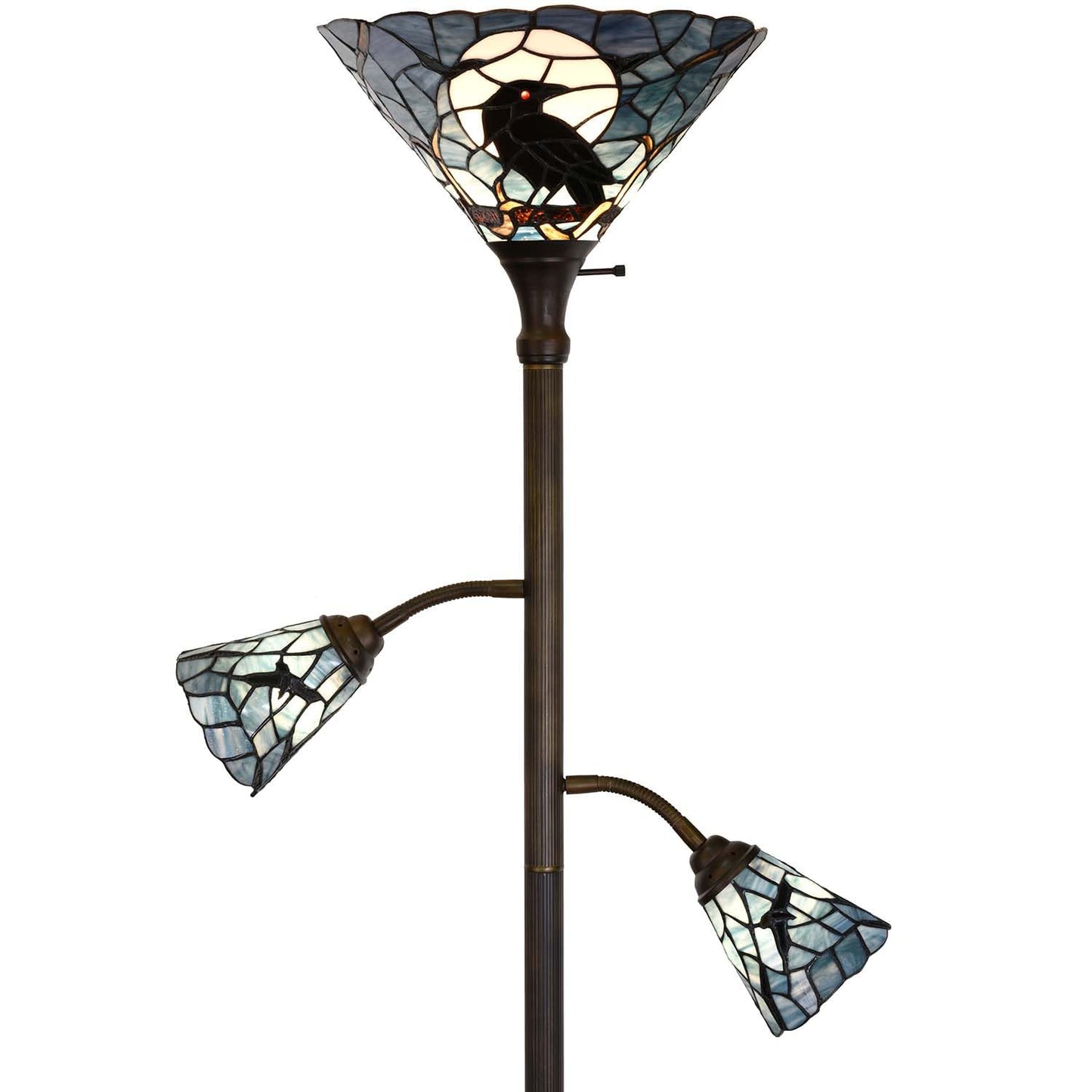Bieye L10957 Raven Sitting on Bare Tree Branch in Full Moon Night Tiffany Style Stained Glass Torchiere Floor Lamp with Sidelights for Reading Home Decor, 70-inches Tall (Dark Blue)