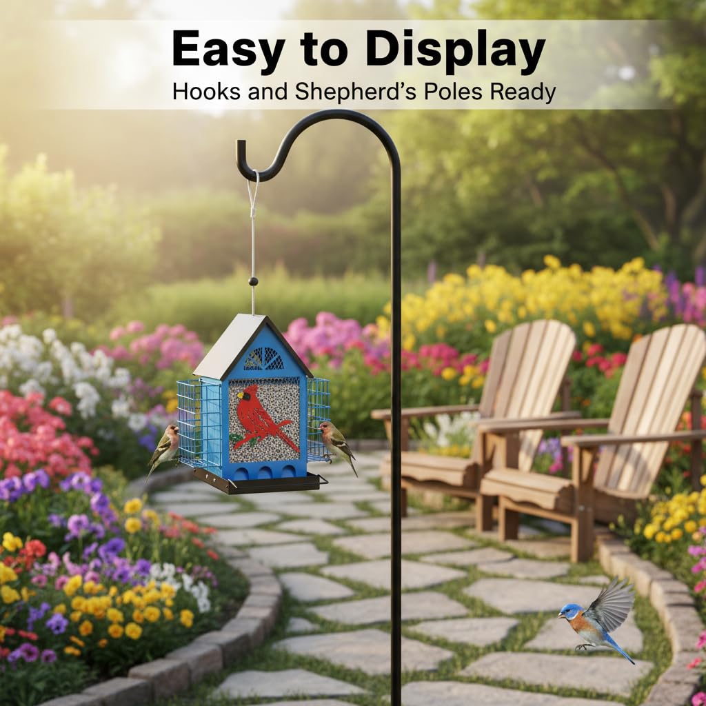 Blue House Metal Bird Feeder - 20" Hanging Wild Bird Feeder with Decorative Accents, Large Capacity Outdoor Birdfeeder for Cardinals and Songbirds, Perfect Garden Gift