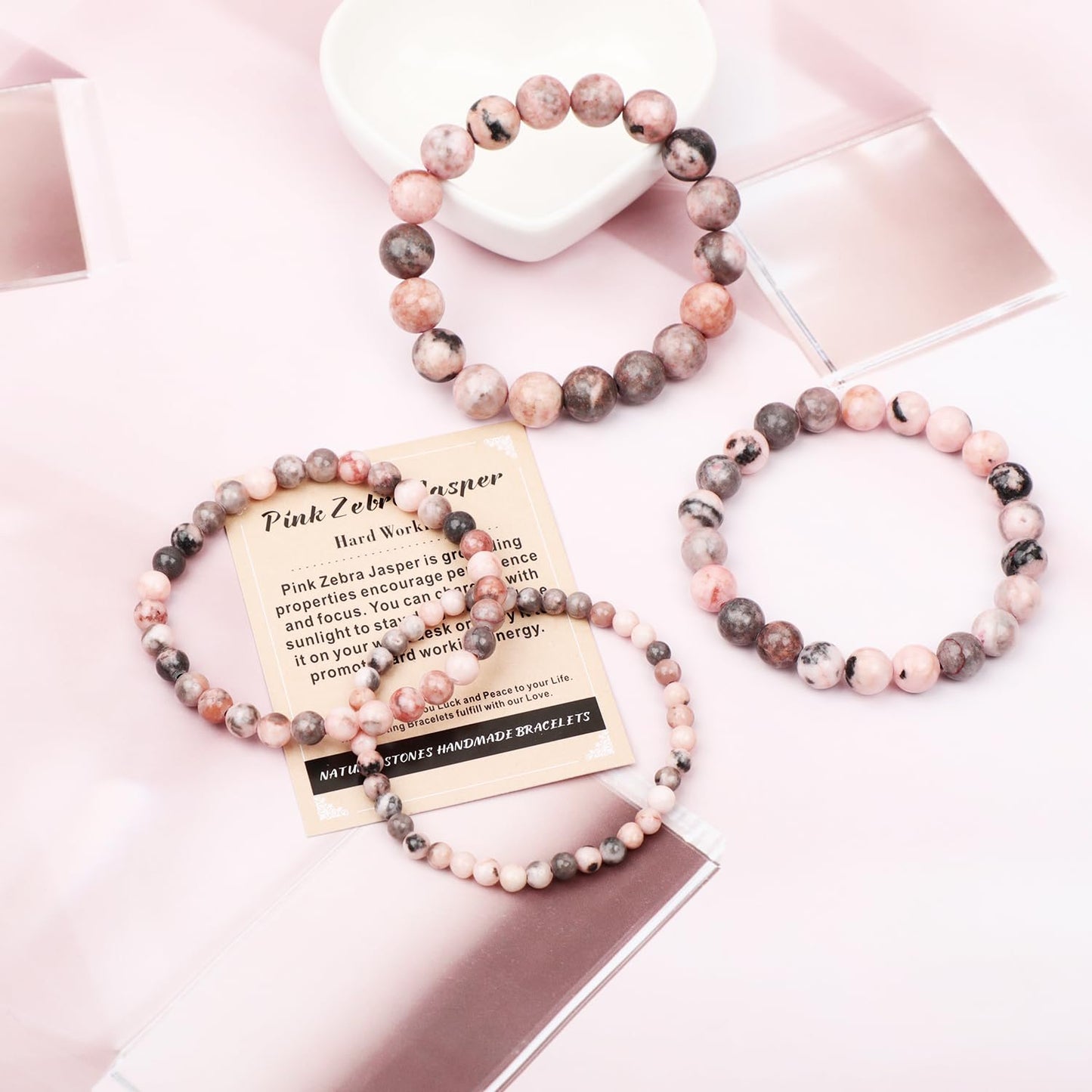 AD Beads Handmade Gemstone Stretch Elastic Bracelet Crystal Healing Reiki Nature's Beauty and Spiritual Essence Unisex (8mm, Pink Zebra Jasper (Hard Working))