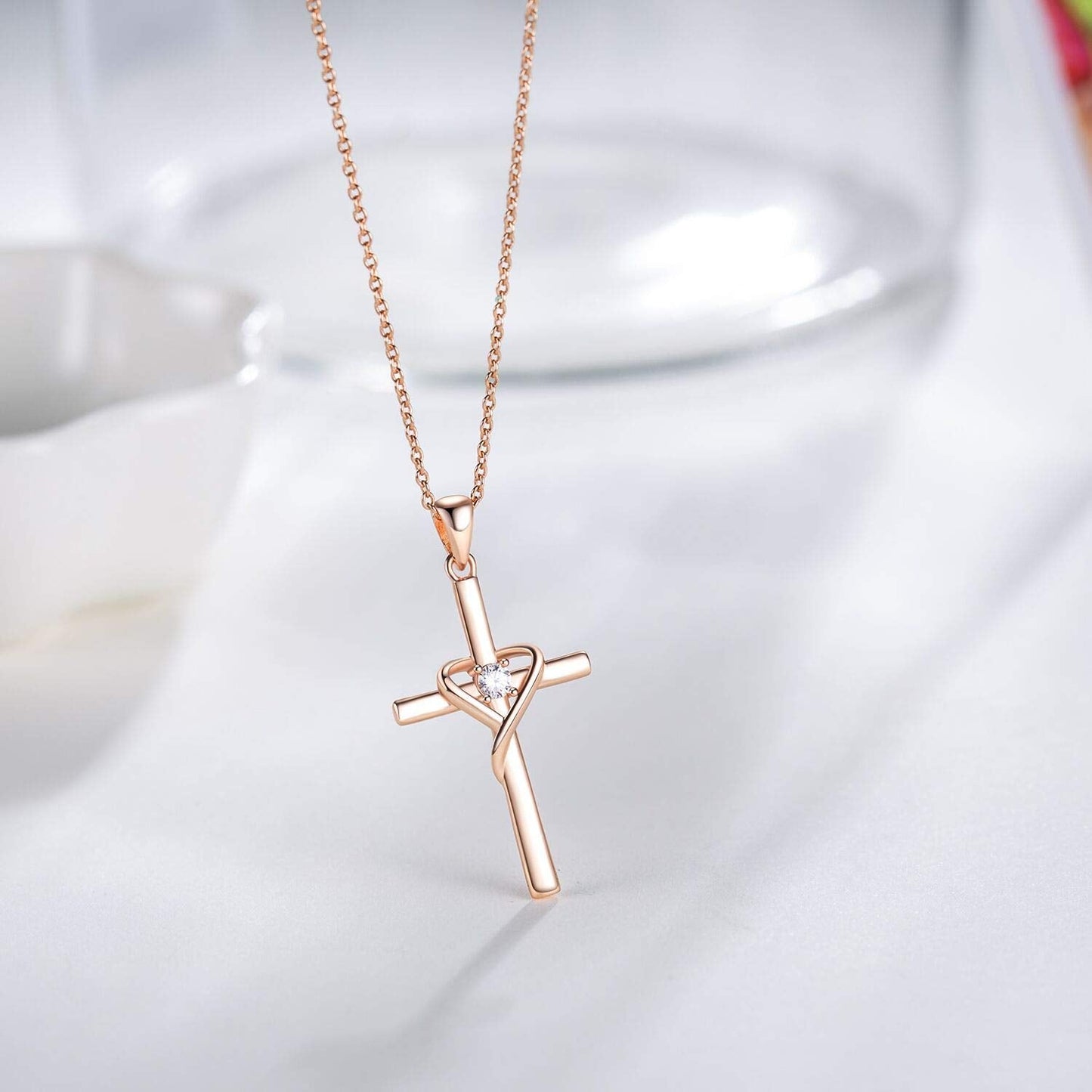 AmorAime 925 Sterling Silver Cross Necklace for Women Men 14K Gold Plated 5A CZ Birthstone Necklaces for Holiday (M-Rose Gold)