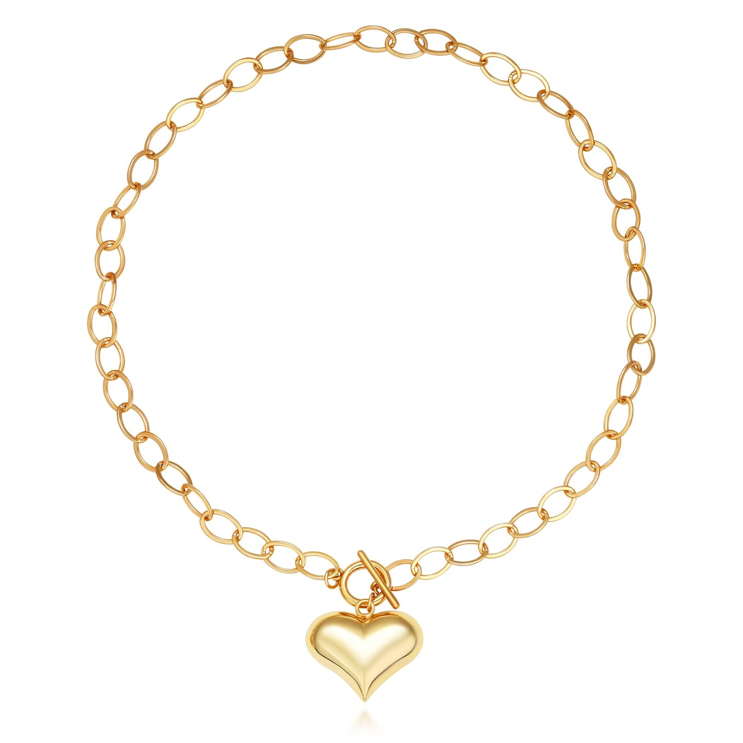 BONJOULRY Chunky Gold Bubble Heart Charm Toggle Necklace for Women, Gold Statement Thick Paperclip Link Chain Puffy Heart Pendant Choker Necklaces for Women Trendy Jewelry Cute 25MM