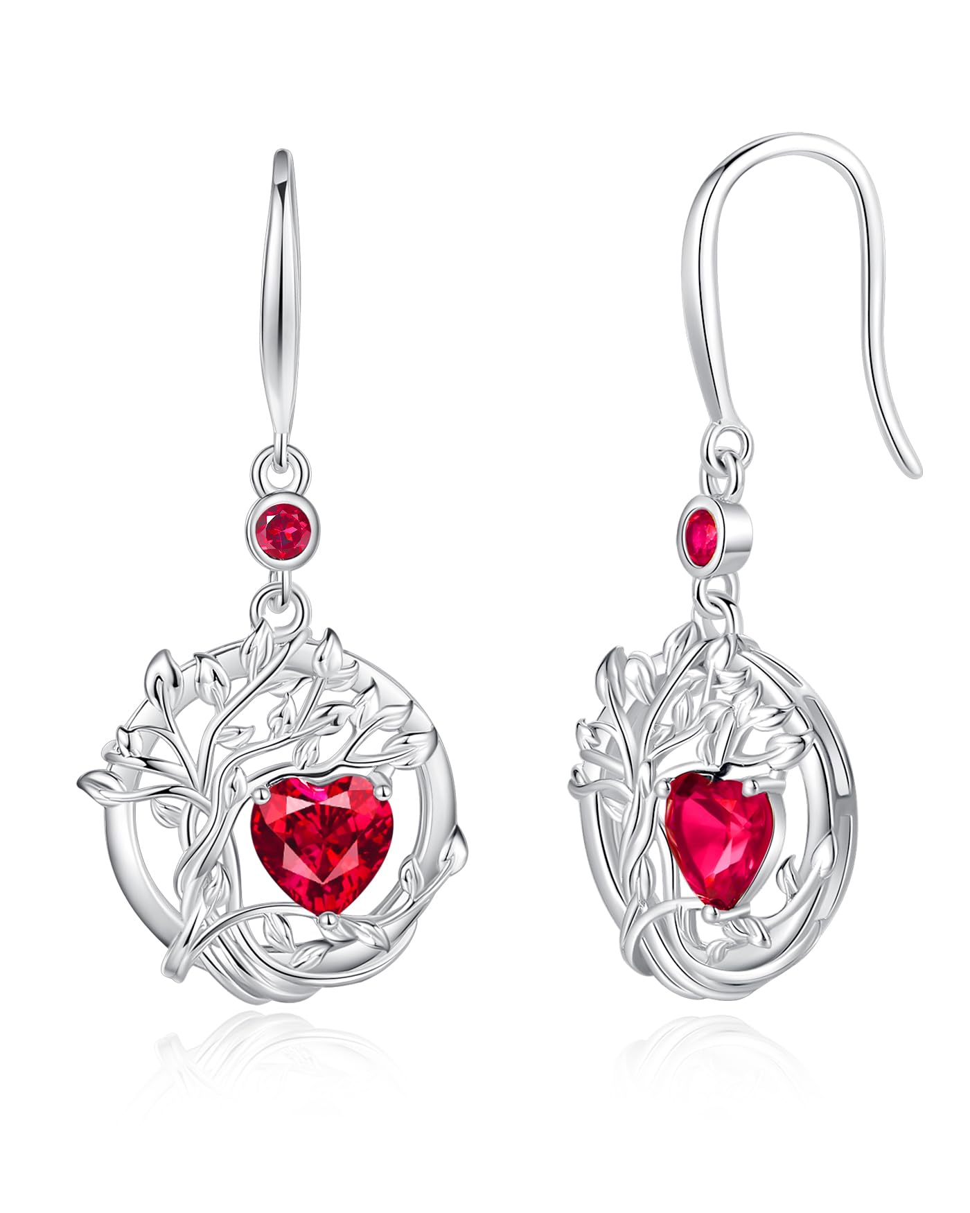 FANCIME Tree of Life Earrings 925 Sterling Silver Dainty Red Ruby Dangle Drop Gemstone Earring July Birthstone Fine Jewelry Birthday Mothers Day Gifts for Mom Her Women