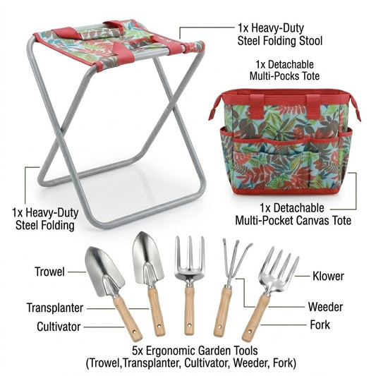 Bo-Toys 7-piece Garden Tool Set with Tote and Folding Stool Seat