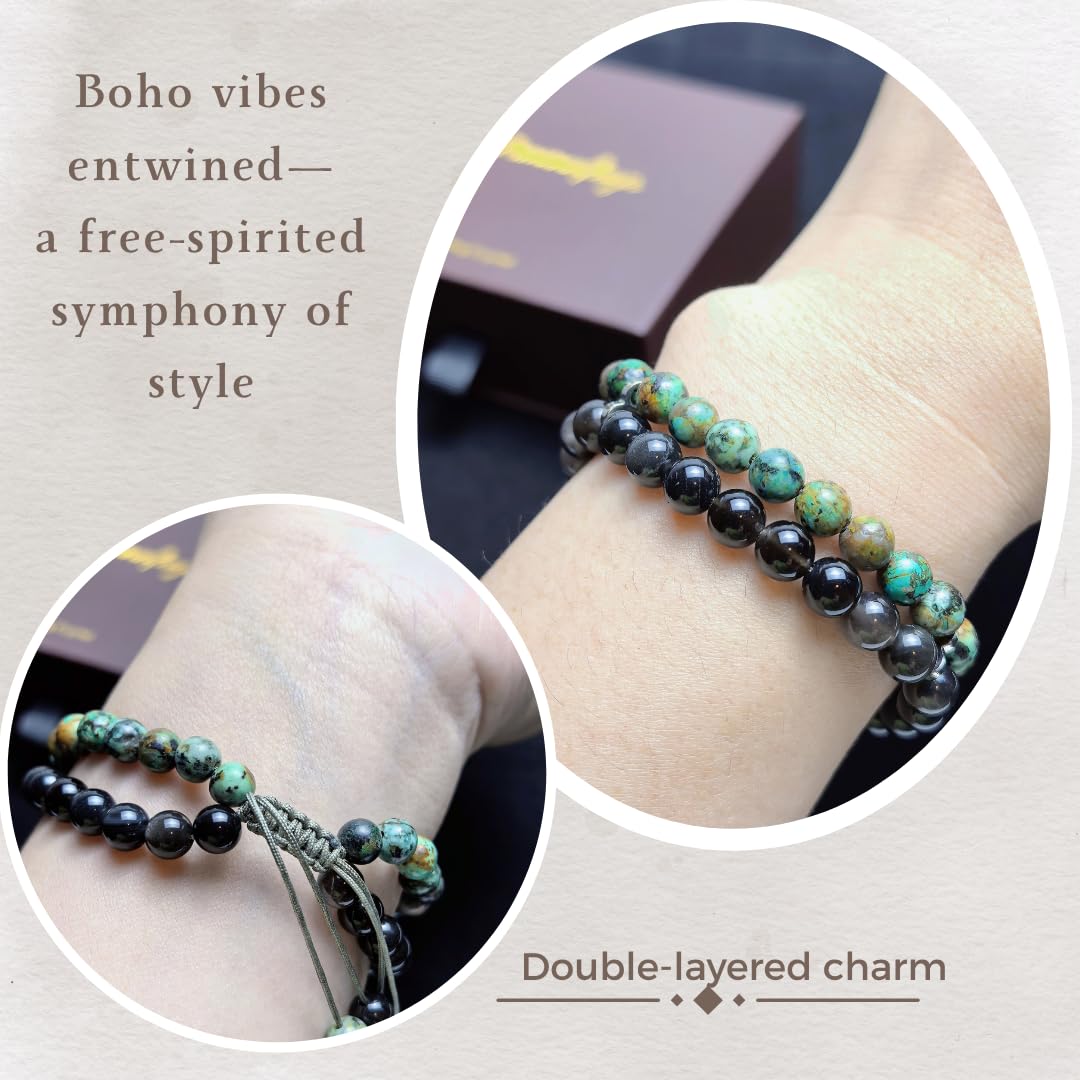 Atminafays 6MM Stackable Healing Bracelet - Mookaite Jasper, Tiger's Eye & African Turquoise with Silver Sheen Obsidian Beads | Adjustable Handwoven Cord | Boho Chic Spiritual Jewelry for Men & Women (Calm & Luck)