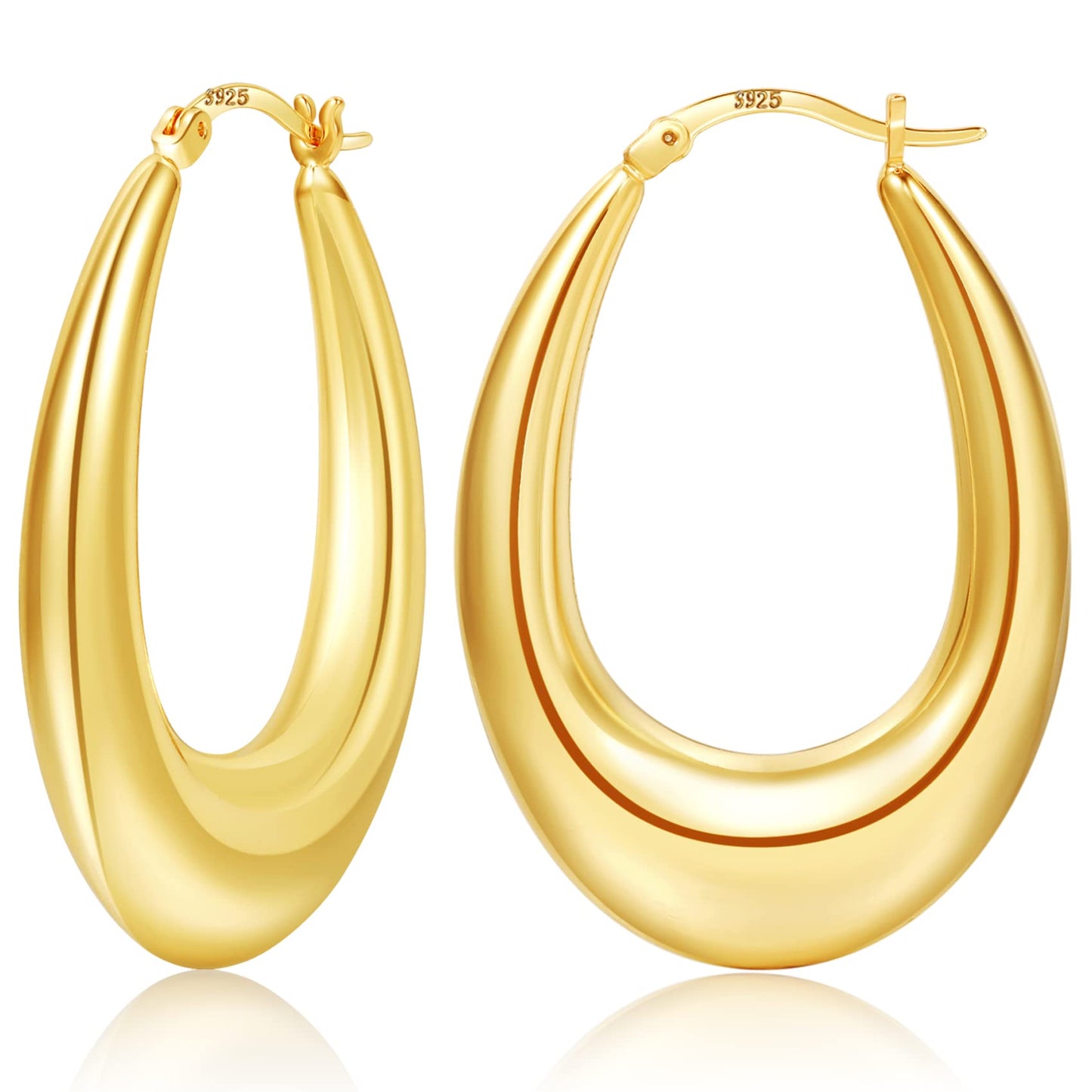 PABBEU Chunky Gold Hoop Earrings for Women, Lightweight 14k Golden Plated Hoops Earrings, Hypoallergenic 925 Oval Golds Hoops Earrings, Thick Gold Hoop Earrings for Women Gifts (38mm)