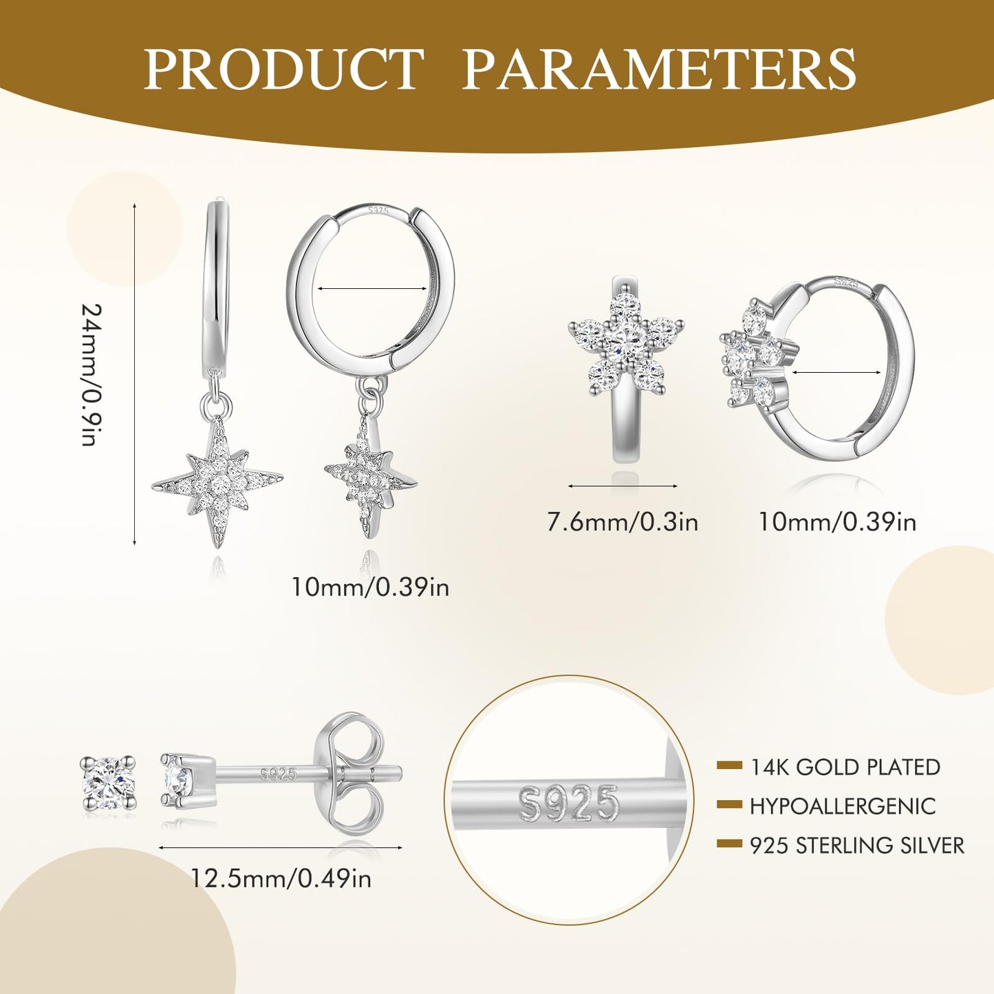 3 Pairs 925 Sterling Silver Earrings Set for Women, Hypoallergenic Silver Huggie Hoop Star Earrings Trendy, Cubic Zircon Studs Cartilage Silver Earring Stacks, Jewelry for Women Gifts