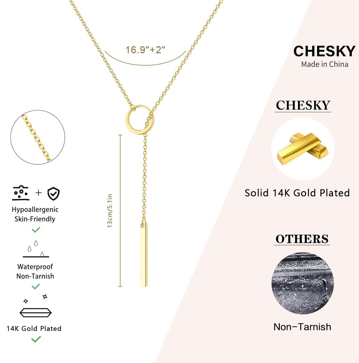 CHESKY Lariat Gold Necklace for Women, Dainty Long Necklace 14k Gold Plated Y-Shaped Pendant Necklace Trendy Circular Chain Drop Necklaces Simple Gold Jewelry for Women Gifts
