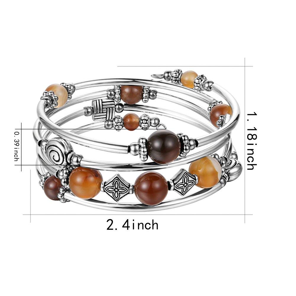 Beaded Pearl Bangle Wrap Bracelet - Fashion Bohemian Jewelry Multilayer Charm Bracelet with Thick Silver Metal Beads, Gift For Women(Brown)