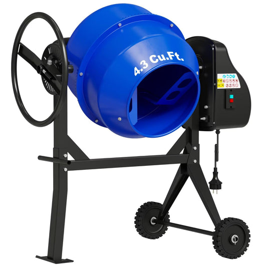 4.3 Cu.Ft Cement Mixer, 450W 3/5HP Electric Cement Mixer Machine, Heavy Duty Potable Concrete Mixer Machine with Wheel and Stand for Stucco, Mortar, Seeds, Blue