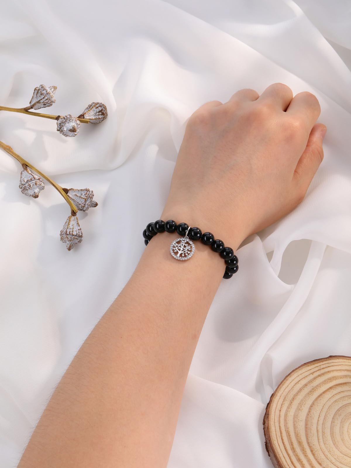 MANIFO Black Obsidian Chakra Crystals Bracelet for Women Healing Crystal Bracelet Natural Gemstone Beaded Bracelets with Life Tree Charm Jewellery Valentines Christmas Gifts