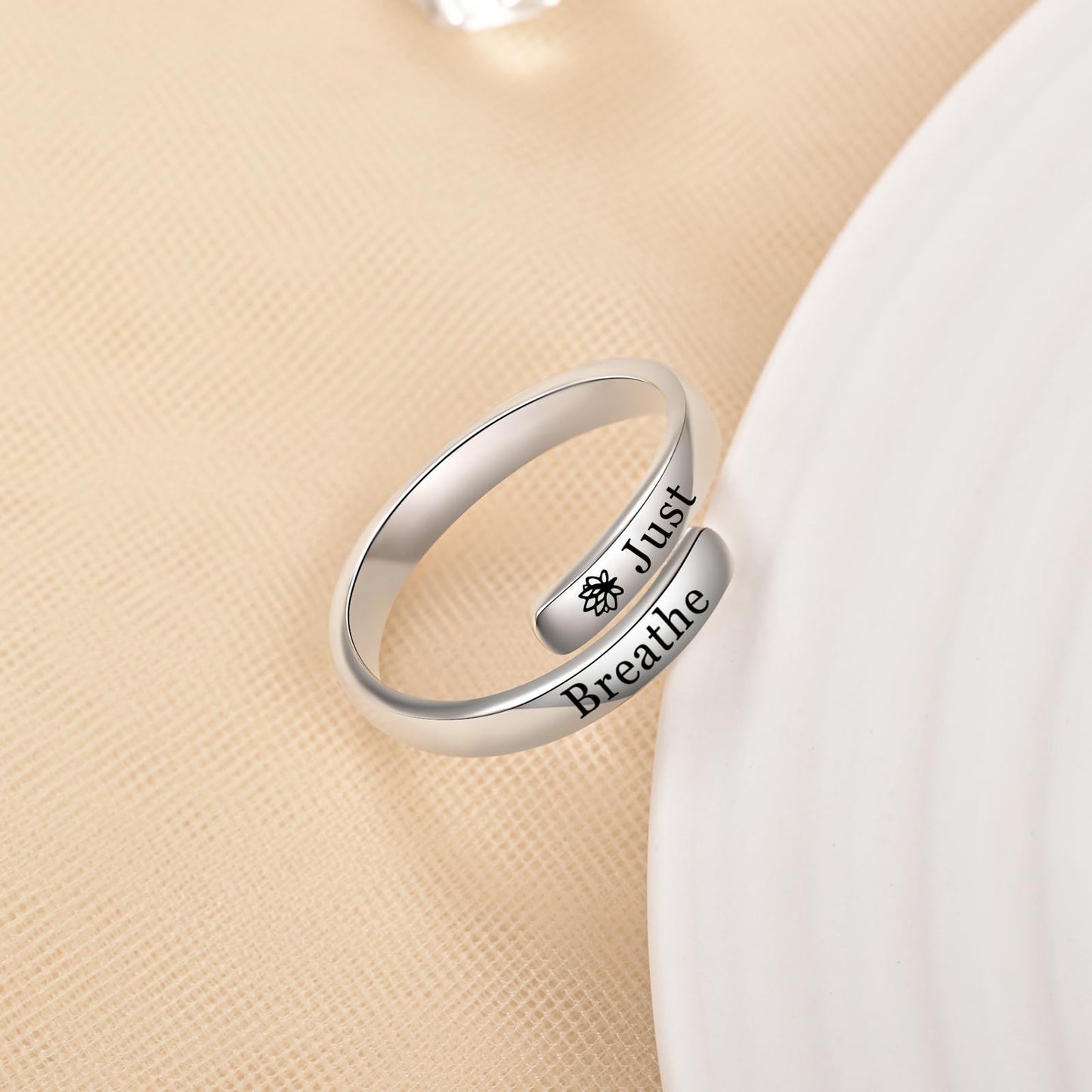 Just Breathe Rings for Women - 925 Sterling Silver Inspirational Jewelry Adjustable Lotus Ring Encouragement Gift for Women
