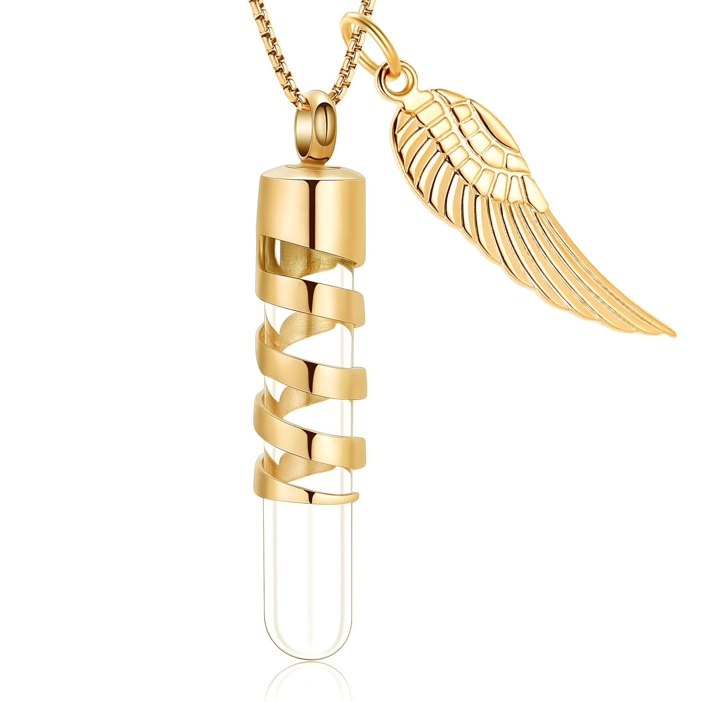 Oinsi Clear Glass Tube Cremation Jewelry for Men Women Ashes Holder Necklace Keepsake Cylinder Memorial Pendant Angel wings Urn Necklace (Gold)