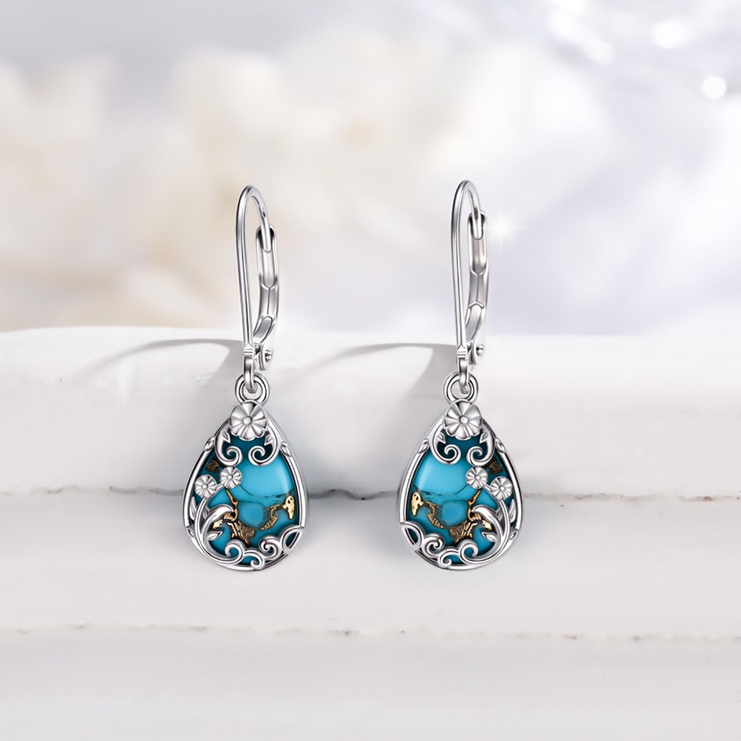 Eetaitai Natural Turquoise Earrings 925 Sterling Silver Pear Leverback Turquoise Earrings Blue Vintage Native American Western Jewelry Women Flower Dangling Earring Mothers Day Gifts for Mom Wife Sister