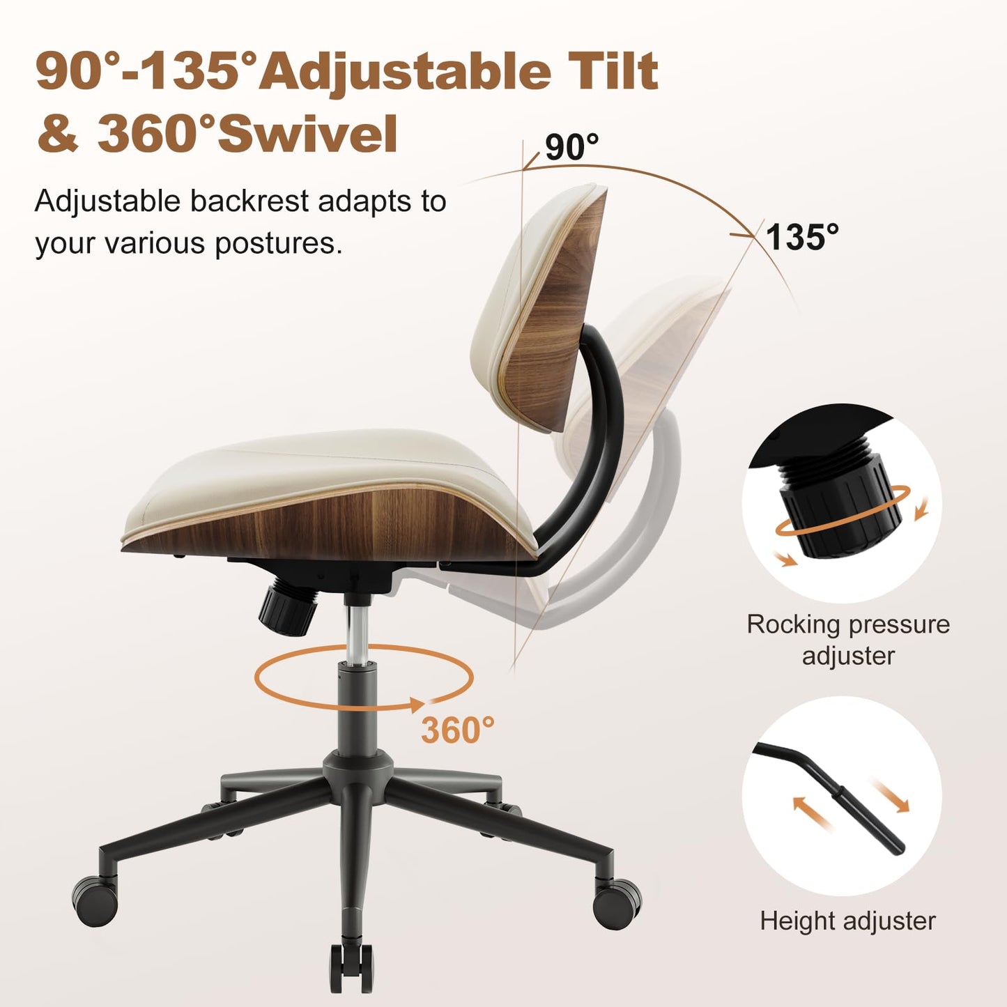 BERYTH Armless Office Chair with Wheels, PU Leather Adjustable Height Desk Chair - 360° Swivel Ergonomic Computer Chair for Small Space, Modern Walnut Style, Home & Meeting Room, Beige