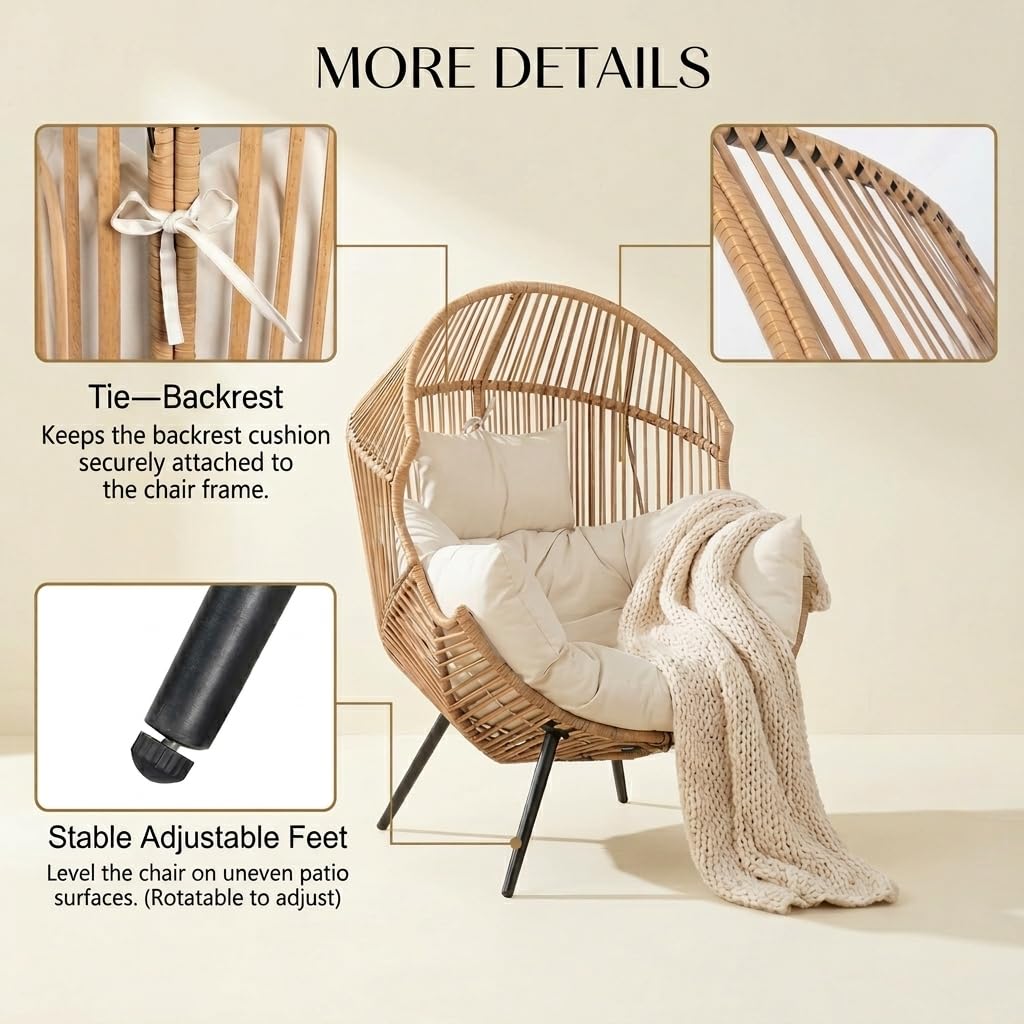 Oversized Outdoor Wicker Egg Chair Set of 2, Patio Lounge Chair Basket Seat with Thick Cushion, All Weather Indoor Outdoor Porch Rockers for Balcony, Living Room, Lawn Garden