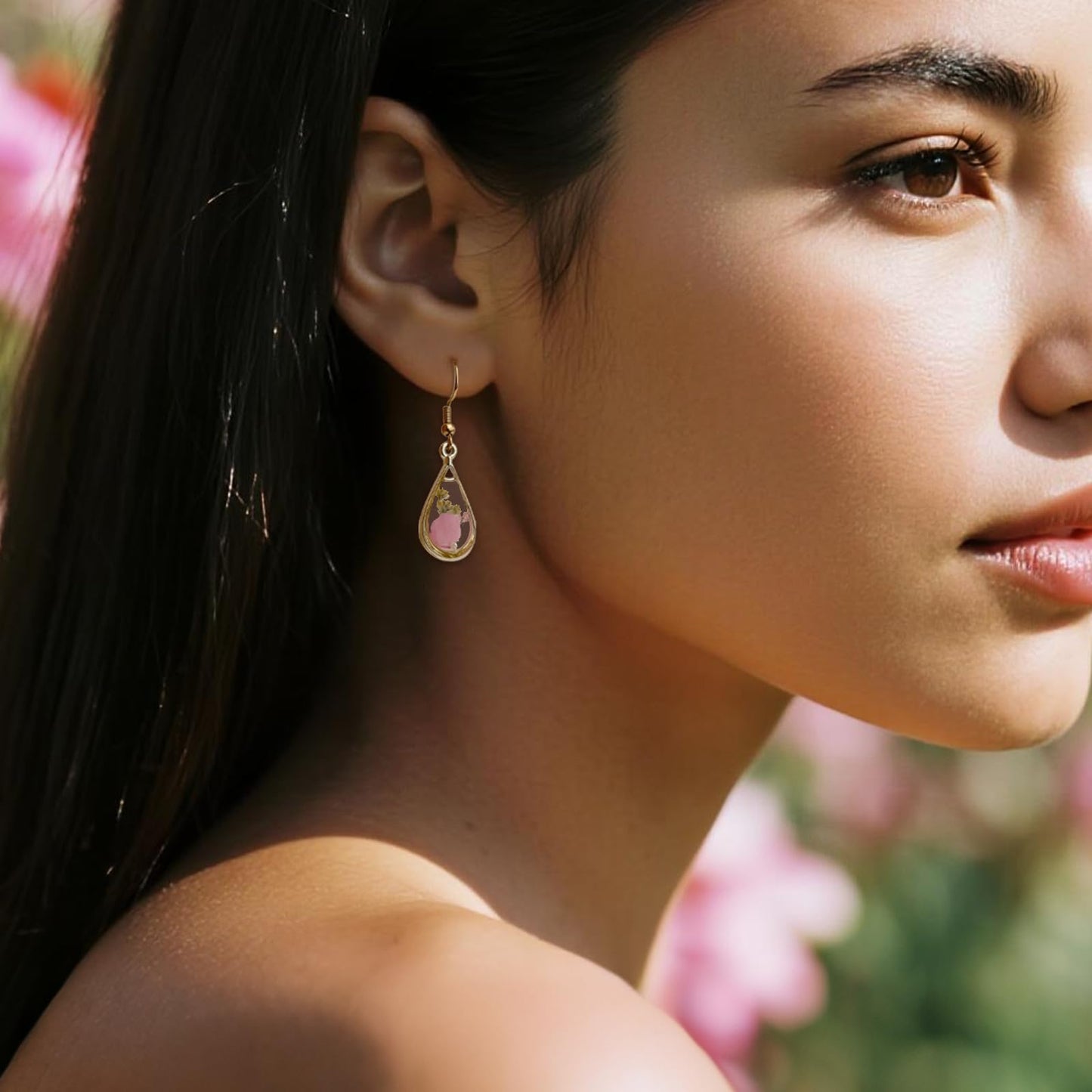 Jean Beau Handmade Pressed Flower Earrings for Women, Unique Resin Pink Dried Flowers Gold Plated Teardrop Dangle Drop Nature Floral Earings Fashion Summer Jewelry Gift