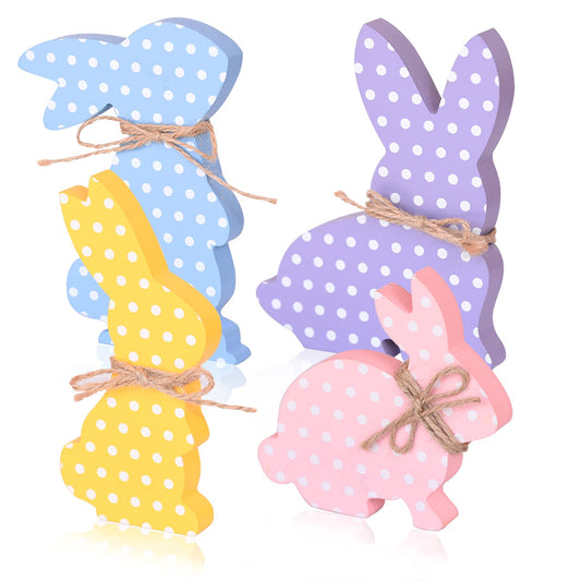 4Pcs Easter Bunny Decorations, Wooden Rabbit Shaped Tabletop Centerpieces Table Signs with Rope Farmhouse Spring Easter Decor for Home Office Dining Room