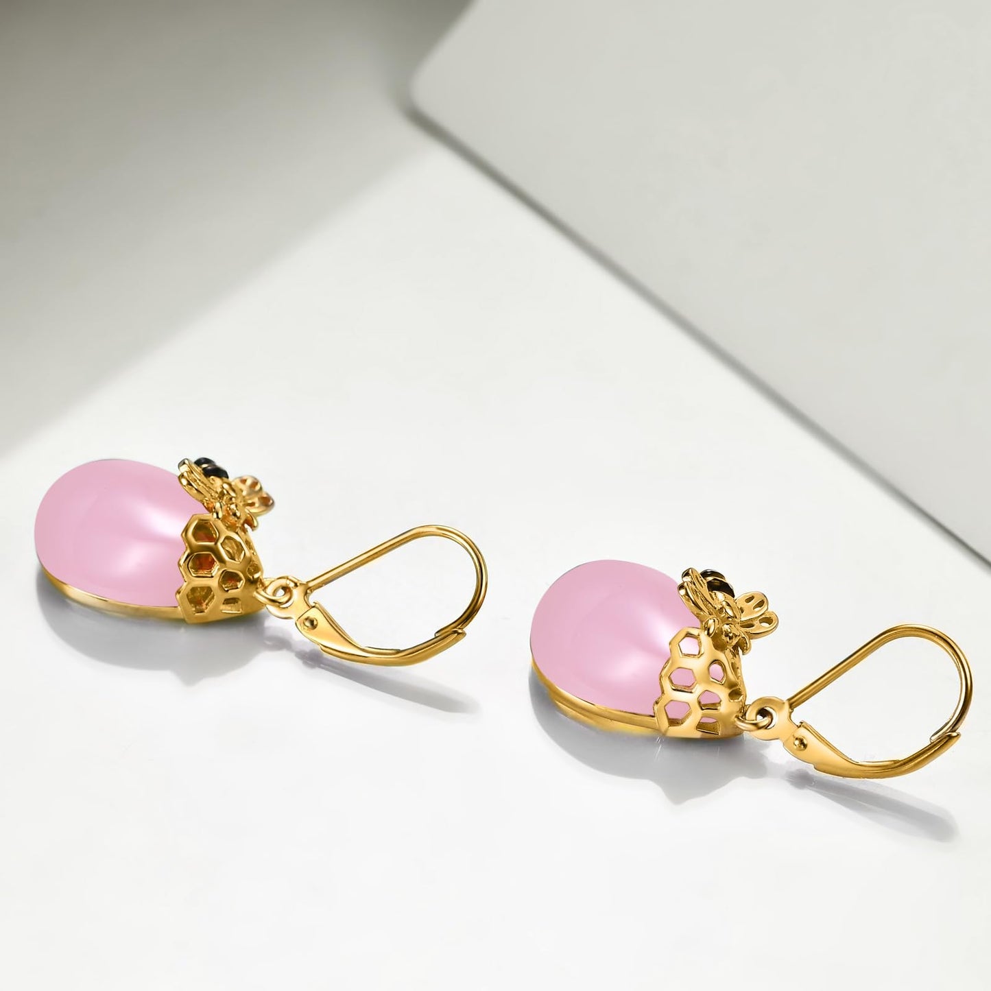 TIGERRIDER Pink Bee 925 Sterling Silver French Clasp Earrings Rose quartz Pendant Jewelry Gift for Women