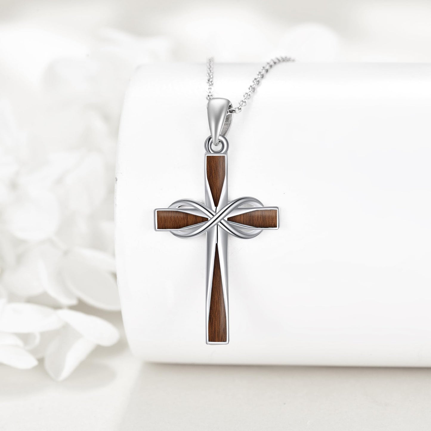ONEFINITY Wooden Cross Necklace 925 Sterling Silver Infinity Cross Pendant Necklace Religious Jewelry Gifts for Women Men