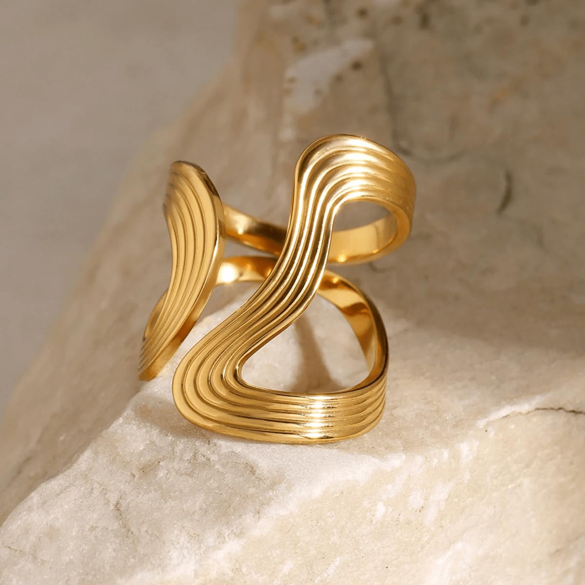 AIETUE Chunky Rings For Women, Gold Silver Thumb Ring Asymmetrical Wavy Curve Ring Adjustable Non Tarnish Dainty Stainless Steel New Year Anniversary Birthday Jewelry Gift (Trendy-Gold)