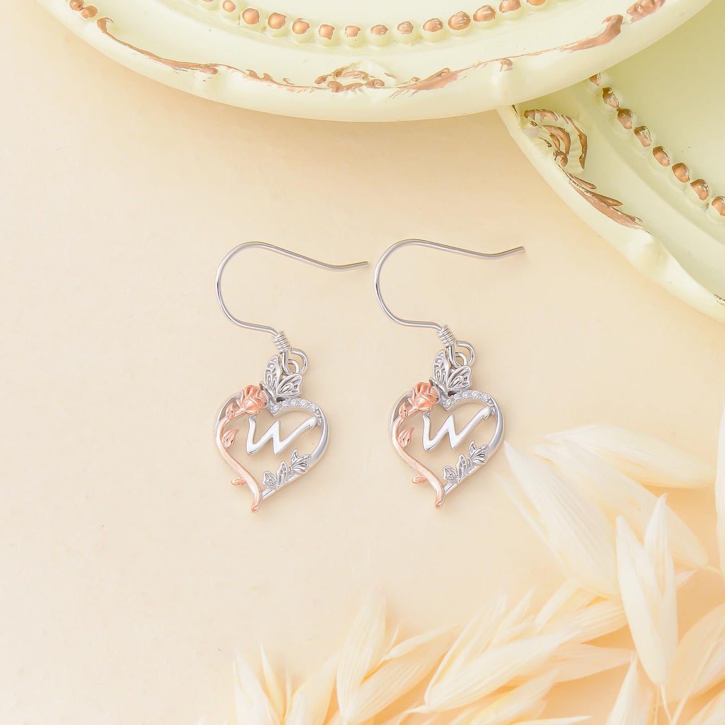 TOUPOP Rose Heart Initial Earrings Sterling Silver Butterfly Earring Initial W Letter Drop Dangle Earrings Jewelry Anniversary Birthday Mothers Day Gifts for Women Mom Wife Girlfriend Her