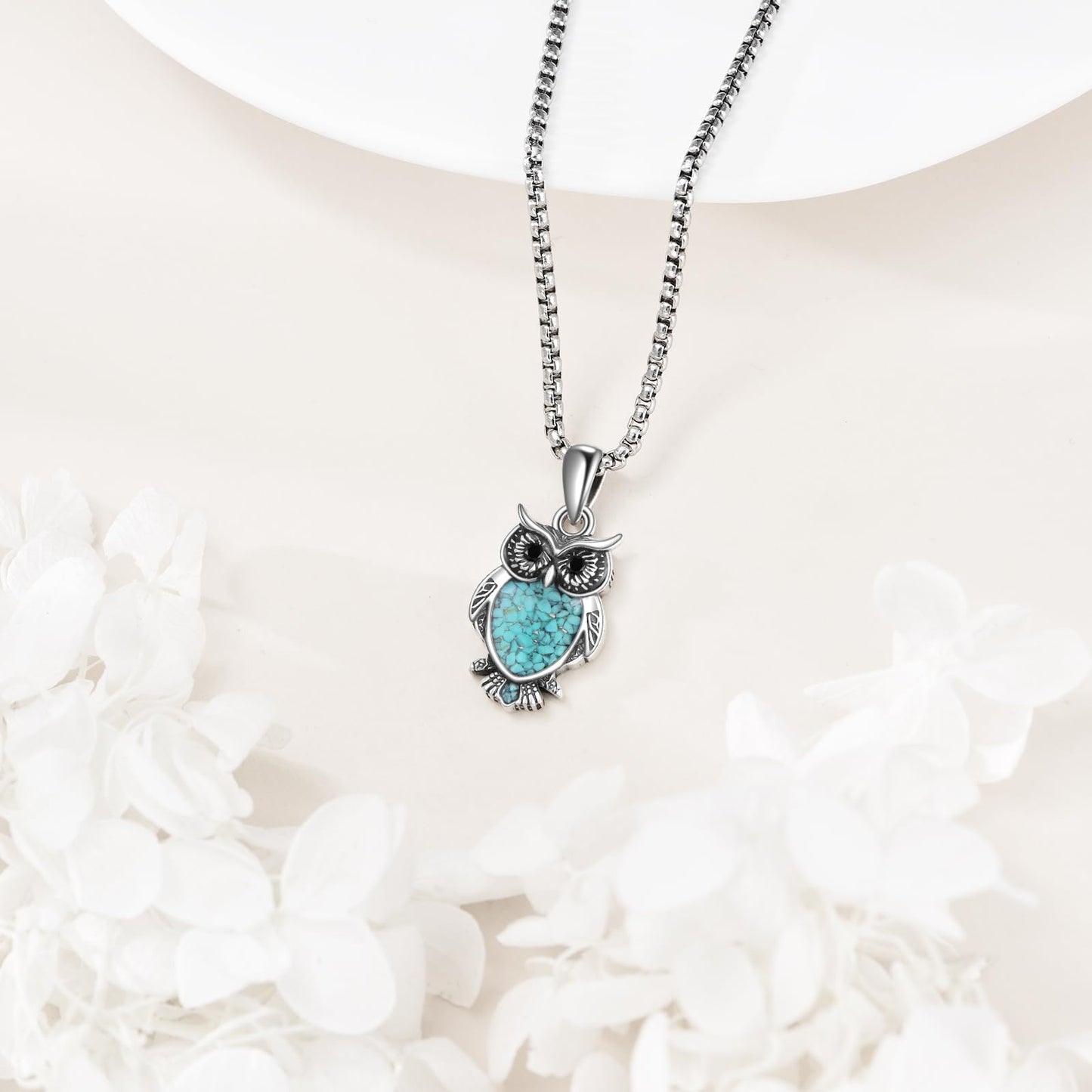 HKPATOP Owl Necklace 925 Sterling Silver Turquoise Owl Pendant Jewellery Gifts for Women Animal Lovers