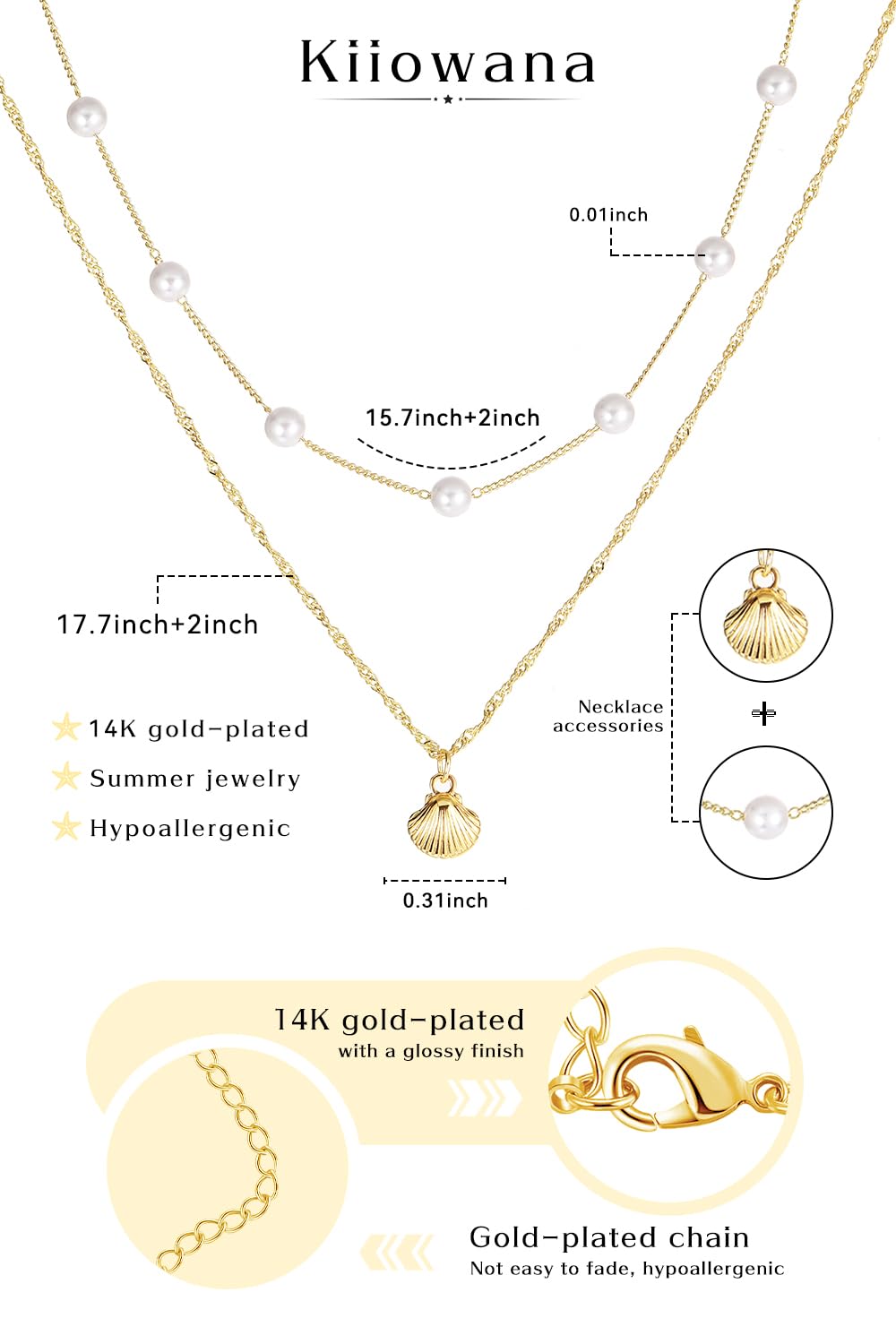 Beach Layered Shell Necklace for Women, 14K Gold Plated Starfish Conch Seashell & Pearl Charm Pendant, Dainty Coastal Summer Vacation Jewelry (Seashell Necklace)
