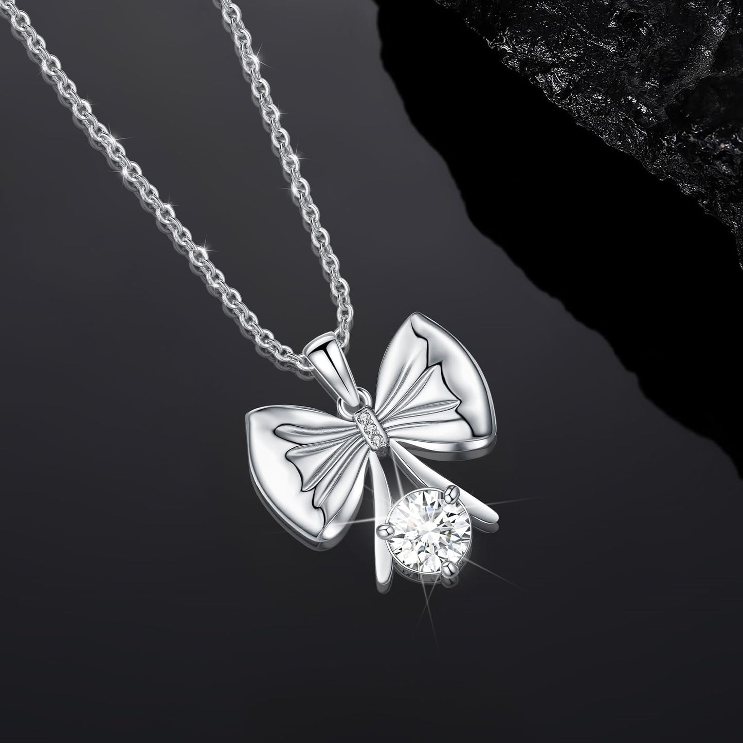 2 Carat Moissanite Necklace 925 Sterling Silver Jewelry AAAAA Cubic Zirconia Ribbon Bow Pendant Necklace Best Gifts for Mom Women Girlfriend Grandma Friend Lover Her Wedding Birthday Anniversary