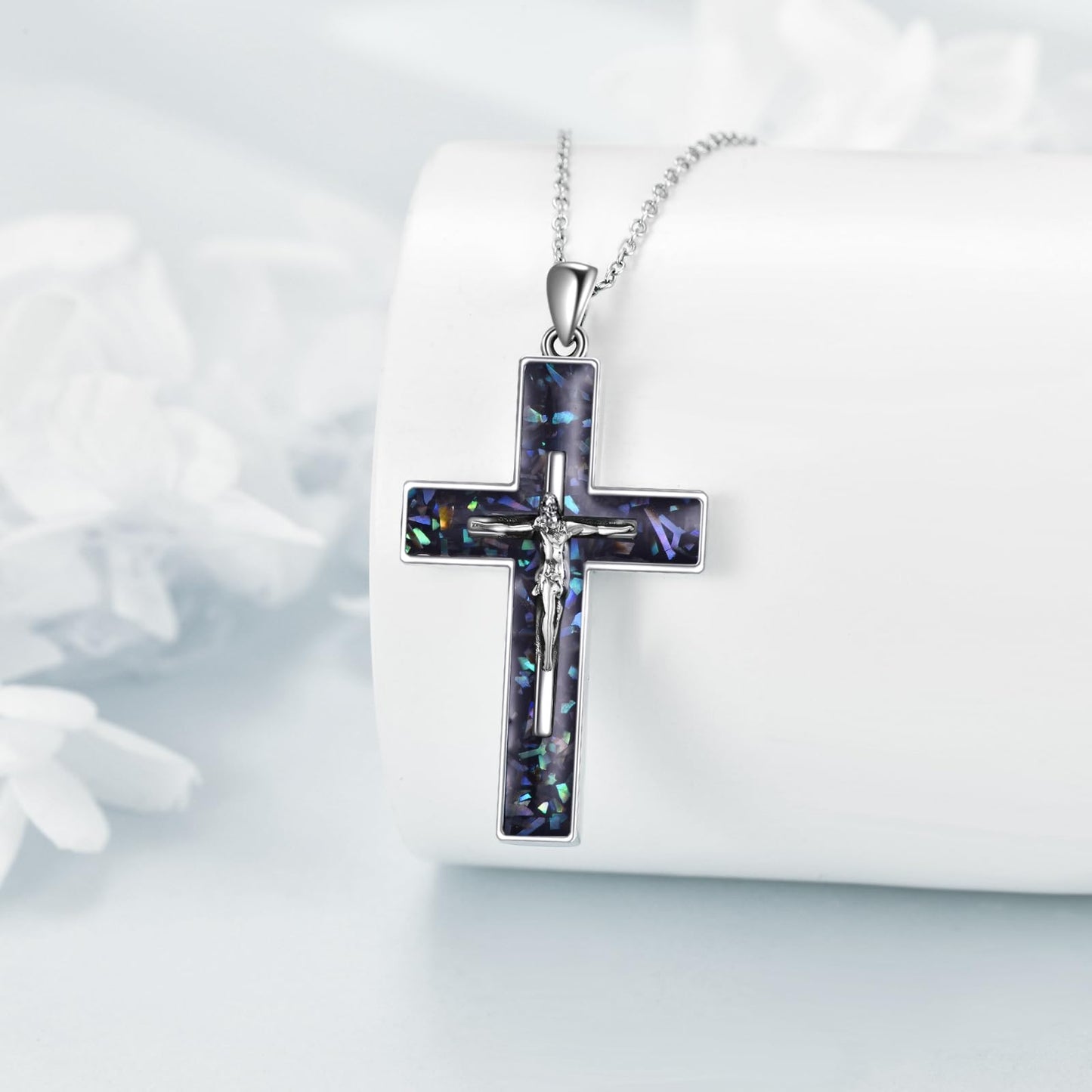 YFN Crucifix Cross Necklace Sterling Silver Jesus Cross Pendant Abalone Shell Jewelry Christian Gifts for Women Men