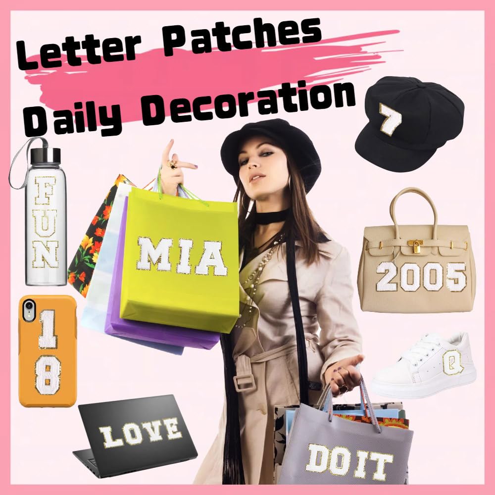 108 Pcs Self Adhesive Chenille Letter and Number 3D Embroidered Patches,Iron on Sew on Letters Alphabet A-Z, Number 0-9 Chenille Fabric Stickers for Clothing, Hats, Shoes, Bags,Jeans,Coats-White
