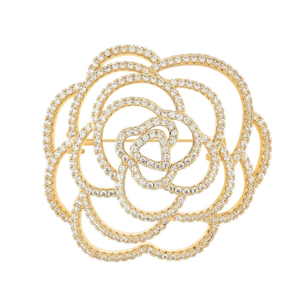 EMEGCY Camellia Brooch for Women Camellia Rhinestone Brooch Rose Pin Gold Plated Camellia Lapel Pin Jewelry Gift for Mom Wife