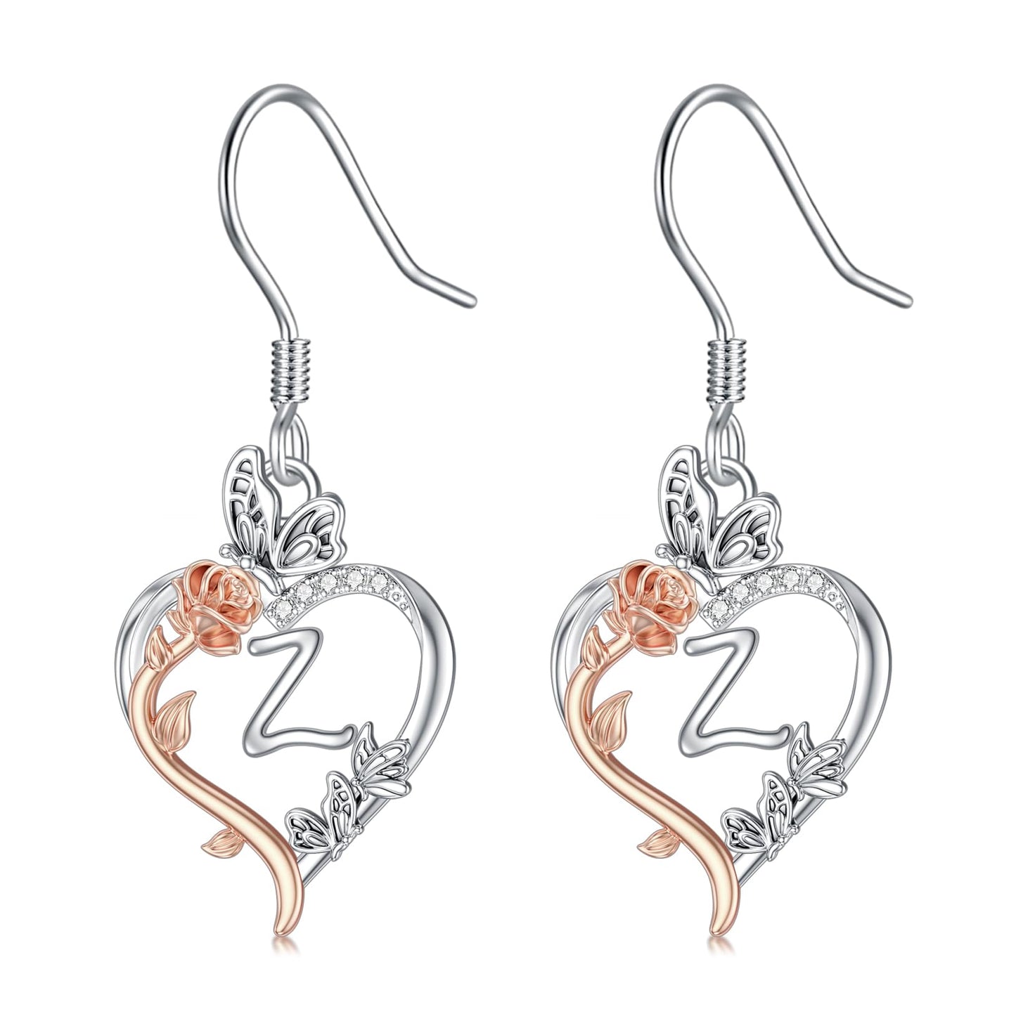 TOUPOP Rose Heart Initial Earrings Sterling Silver Butterfly Earring Initial Z Letter Drop Dangle Earrings Jewelry Anniversary Birthday Mothers Day Gifts for Women Mom Wife Girlfriend Her