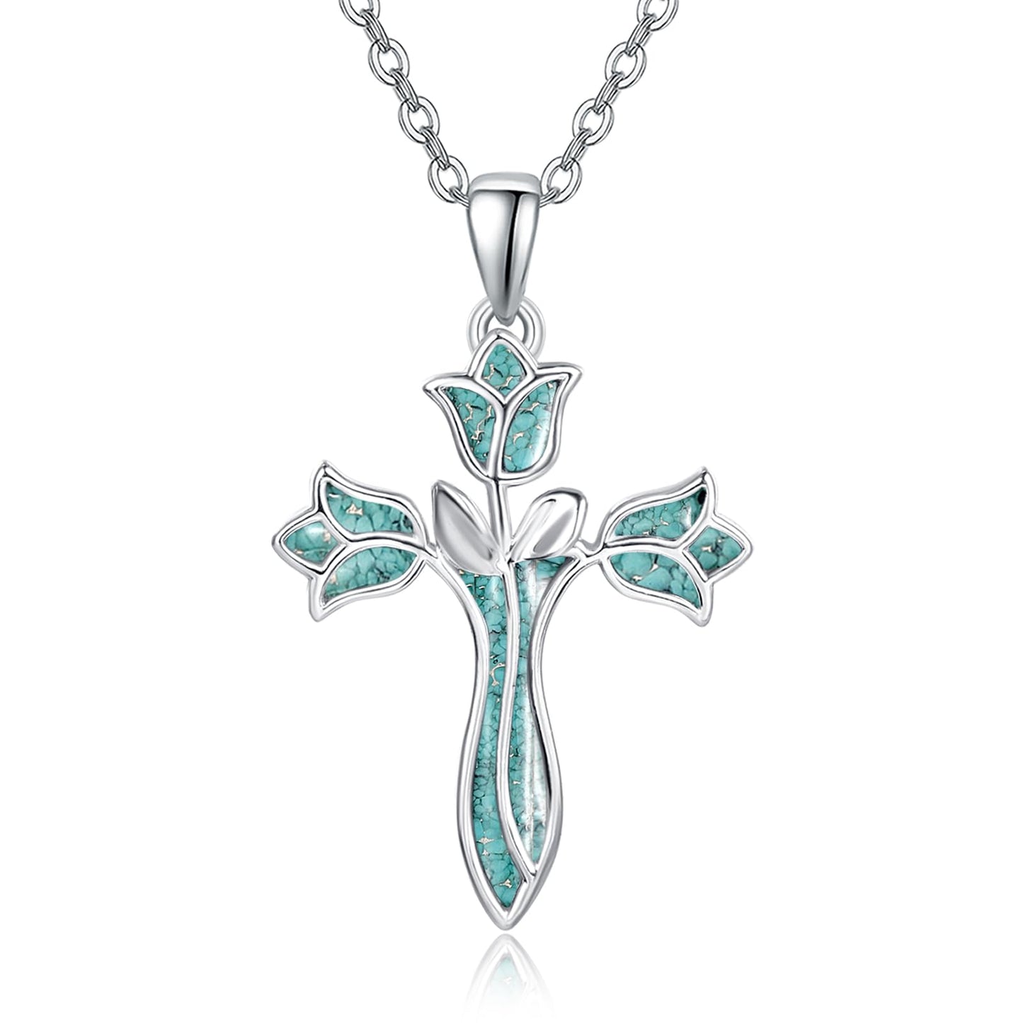 Dreamboat Turquoise Cross Necklace for Women Sterling Silver Cross Pendant Christian Necklace Tulip Rose Faith Confirmation Gifts Religious Jewelry for Mom