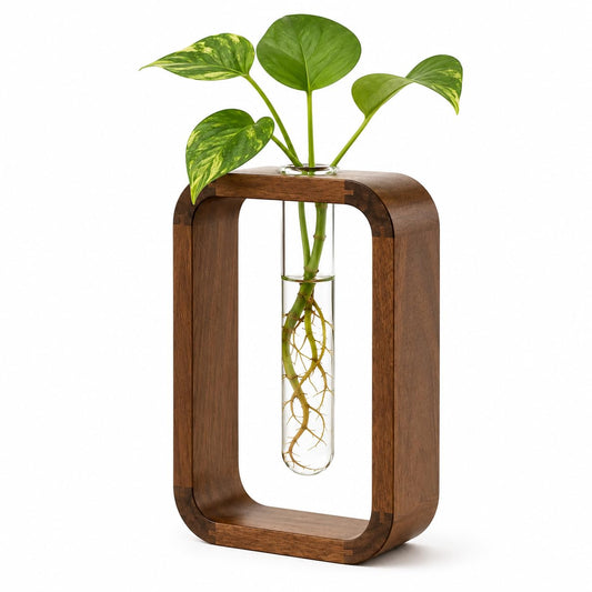 TerraSol Modern Wooden Frame Glass Vase Hydroponic Planter – Minimalist Square Propagation Station with Test Tube Vase – Indoor Plant Terrarium for Flower, Cuttings & Home Office Decor