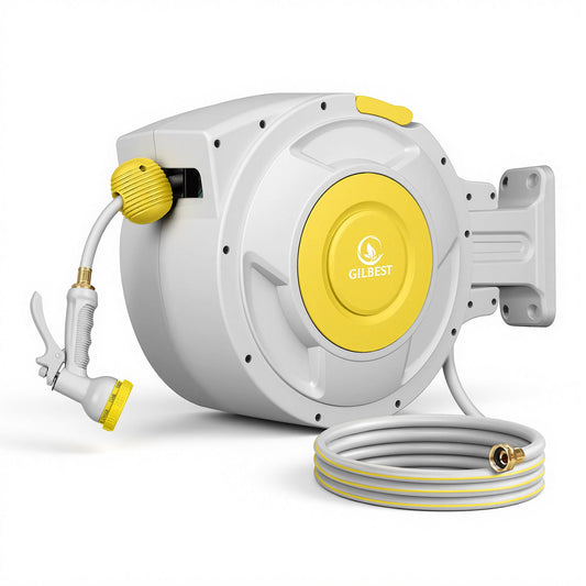 130 ft x 1/2" Retractable Garden Hose Reel, Heavy Duty Water Hose Reel Wall Mounted, Any Length Lock, 180°Swivel, Water Hose with 8-Function Nozzle for Cleaning, Watering (Yellow)