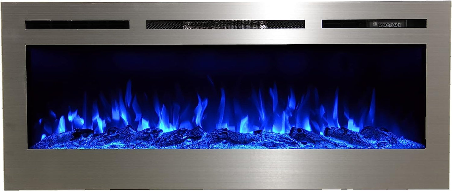 Touchstone Sideline Deluxe -Stainless Steel Smart Electric Fireplace- 60" Wide- Alexa/WiFi-Enabled- in Wall Recessed- 5 Flame Settings- 9 Flame Colors- 1,500W Heater- Log & Crystal Options- 86277